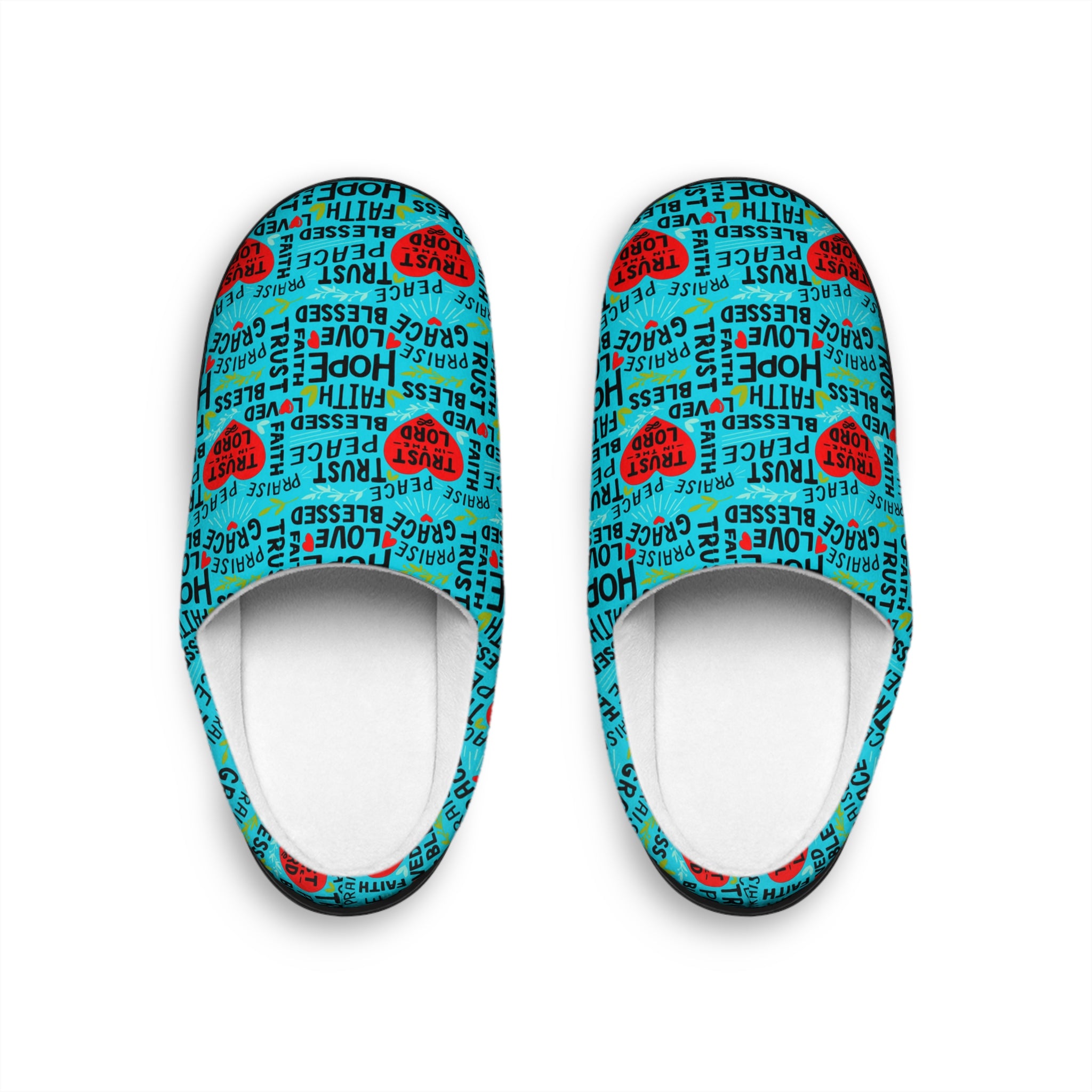 Trust in the Lord Women's Ocean Blue Indoor Slippers - Matching Pajama Set and Lounge / Pajama Pants Available Size: US 7 - 8 Color: Black sole Jesus Passion Apparel