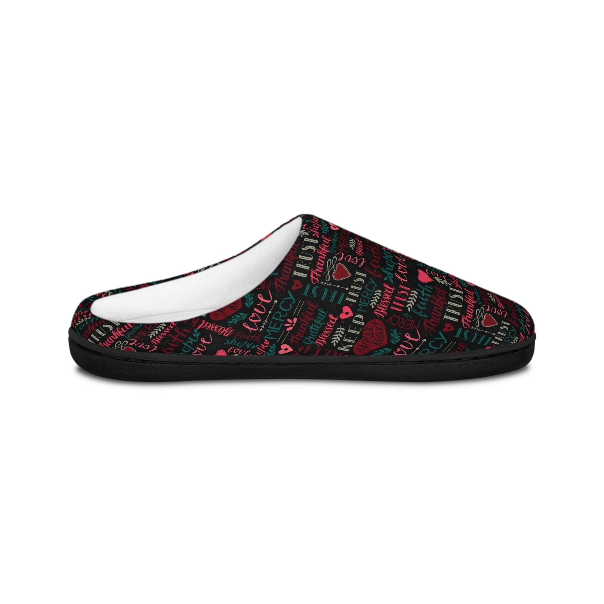 Faith Hope Love Women's Indoor Slippers - Matching Pajama Set and Lounge / Pajama Pants Available Size: US 7 - 8 Color: Black sole Jesus Passion Apparel