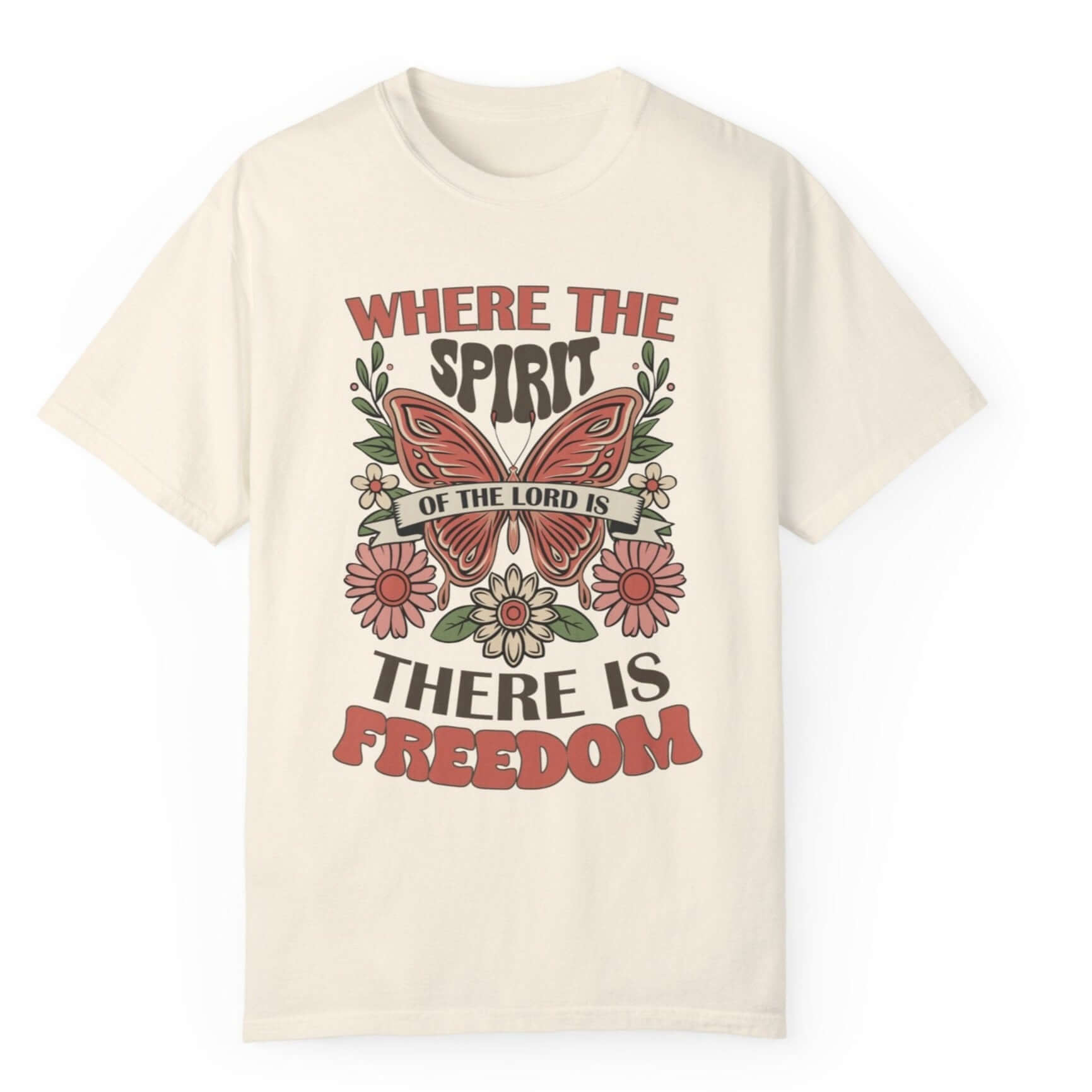 Spirit of the Lord is Freedom Floral Butterfly Women's Short Sleeve Tee Color: Ivory Size: S Jesus Passion Apparel