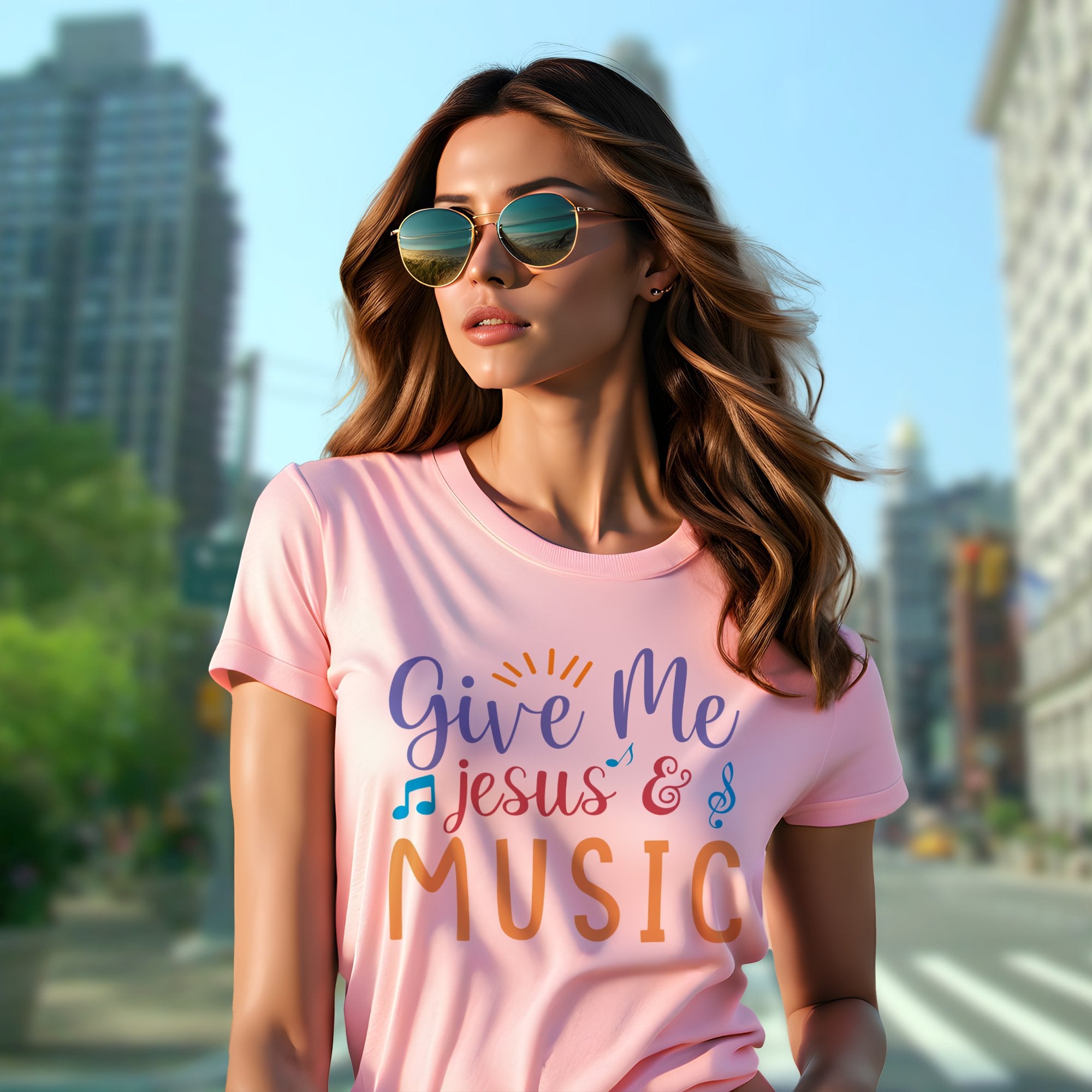 Give Me Music and Jesus Colorful Detail Women's Jersey Short Sleeve T-Shirt Size: XS Color: Pink Jesus Passion Apparel