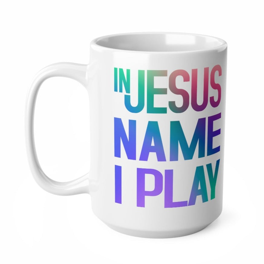 In Jesus Name I Play Drums Black 15 oz Mug Size: Black 15oz Jesus Passion Apparel