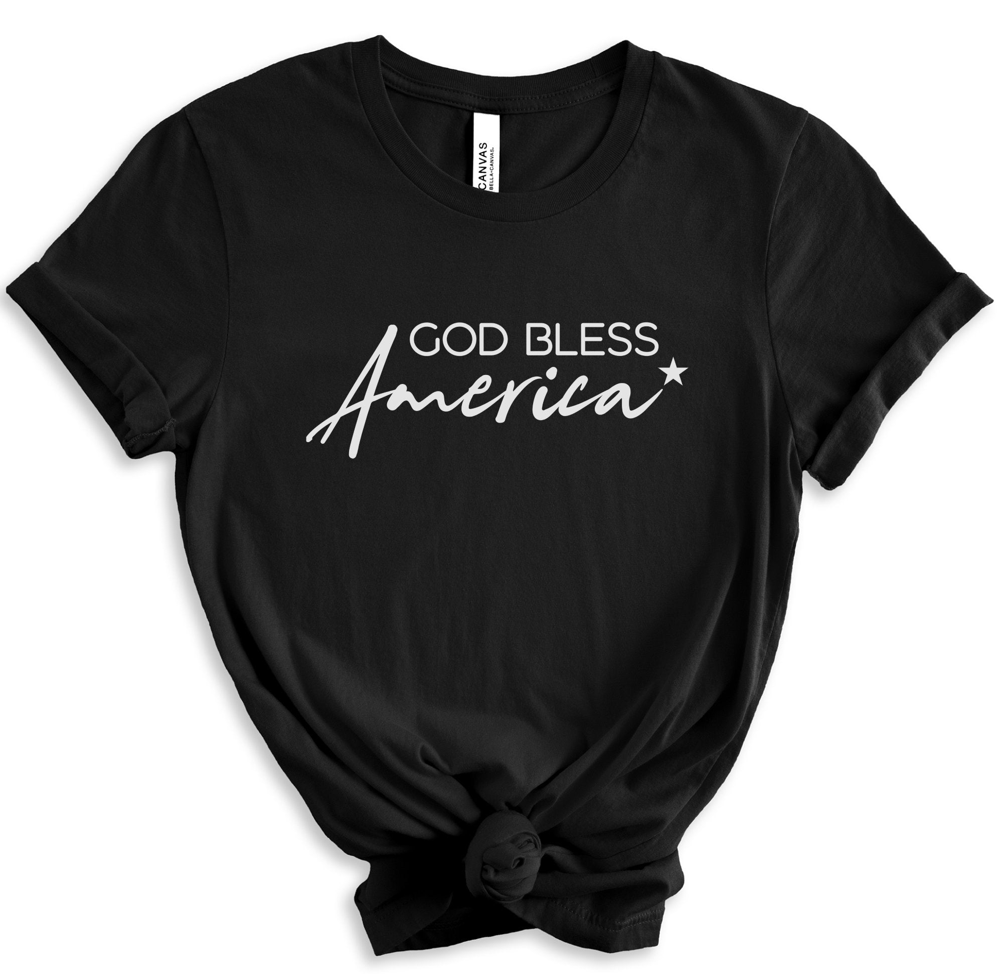 God Bless America Star Women's Short Sleeve T-shirt Size: XS Color: Solid Black Blend Jesus Passion Apparel