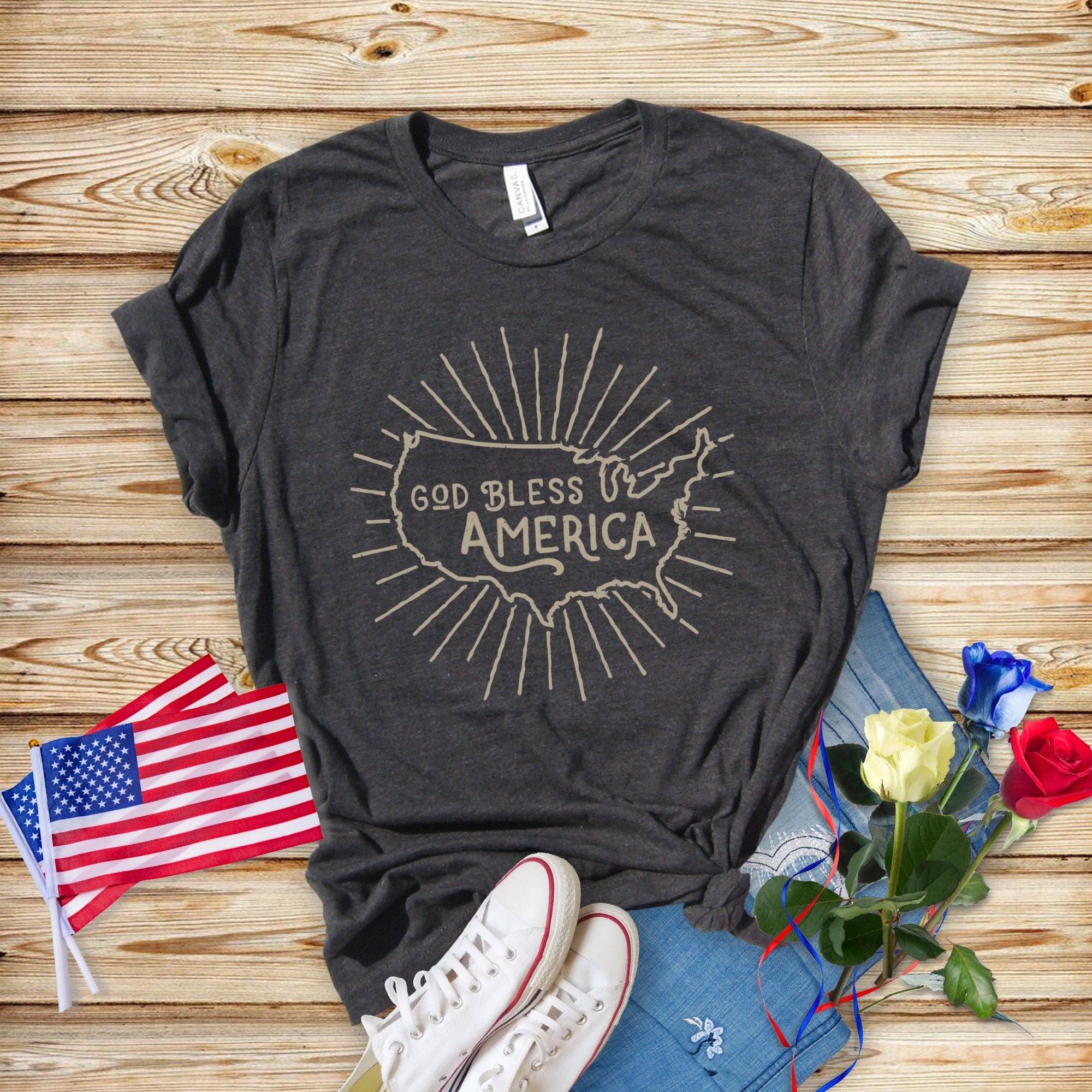 God Bless America Women's Short Sleeve Patriotic T-shirt Size: XS Color: Solid Black Blend Jesus Passion Apparel