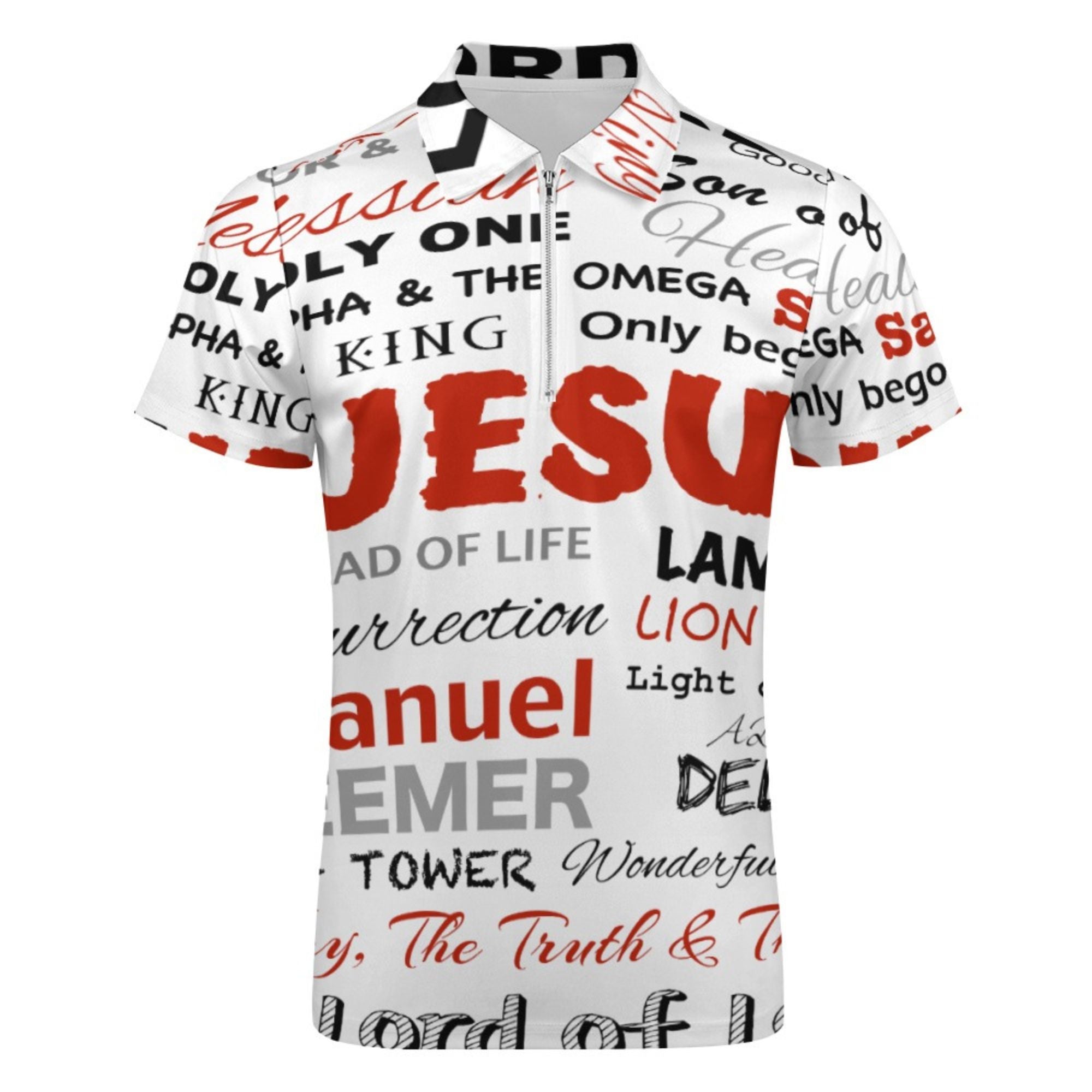 Many Names of Jesus Short Sleeve Polo Shirt Size: 2XS Color: White Jesus Passion Apparel