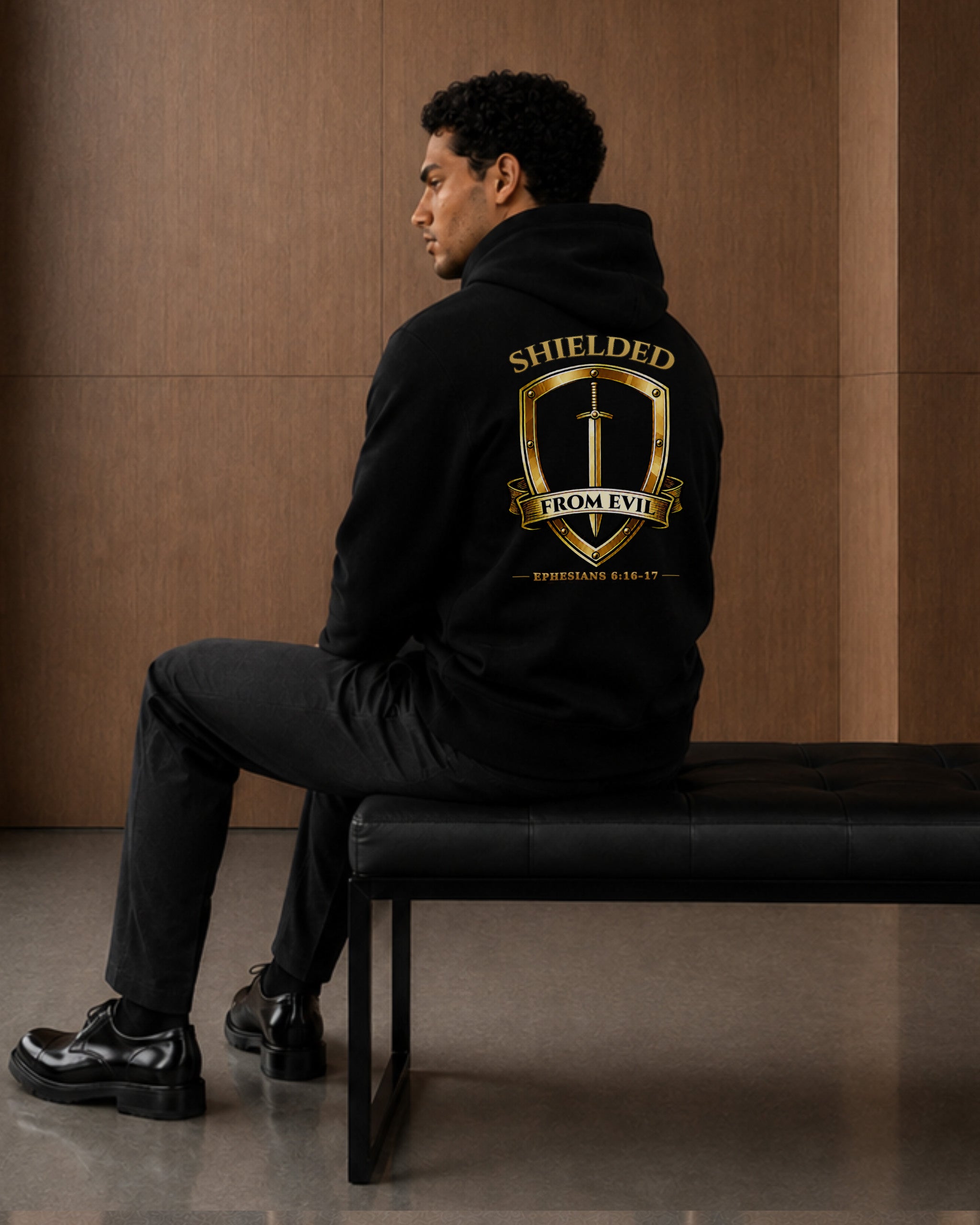 A man sits on a black bench in a modern interior, shown from the back wearing a black hoodie with a large gold and white graphic on the back that reads 'SHIELDED FROM EVIL' and 'EPHESIANS 6:14-17'.