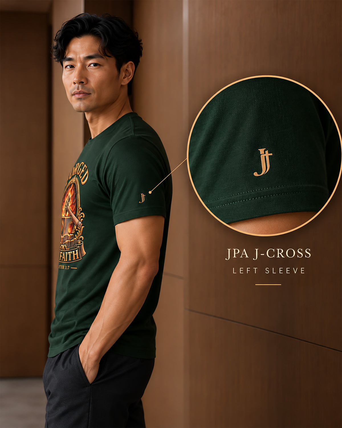 A man wearing a dark green JPA J-Cross left sleeve t-shirt with a gold embroidered logo, shown in a lifestyle setting with a circular detail inset highlighting the sleeve embroidery.
