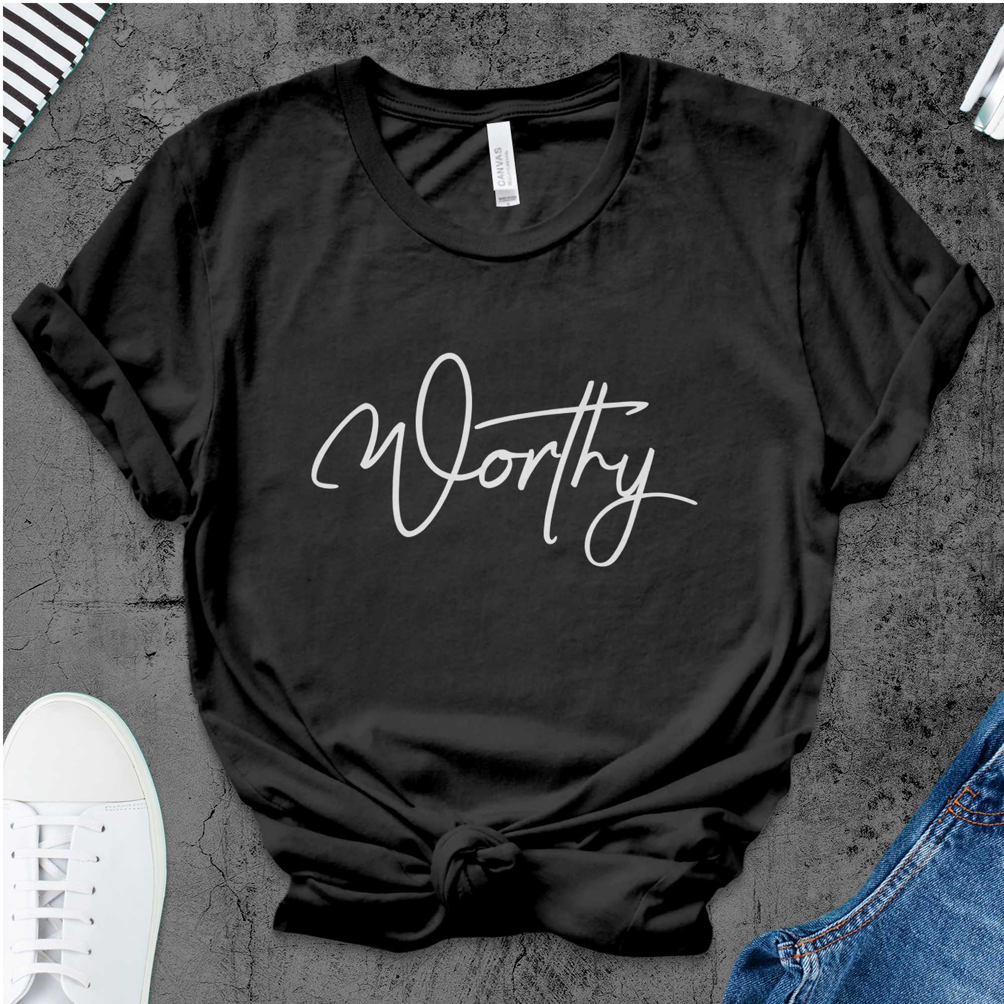 Worthy Unisex Jersey Short Sleeve Tee - Black / White Product Label: T-Shirts (Bella 3001#1) - Size: XS Color: Solid Black Blend Jesus Passion Apparel