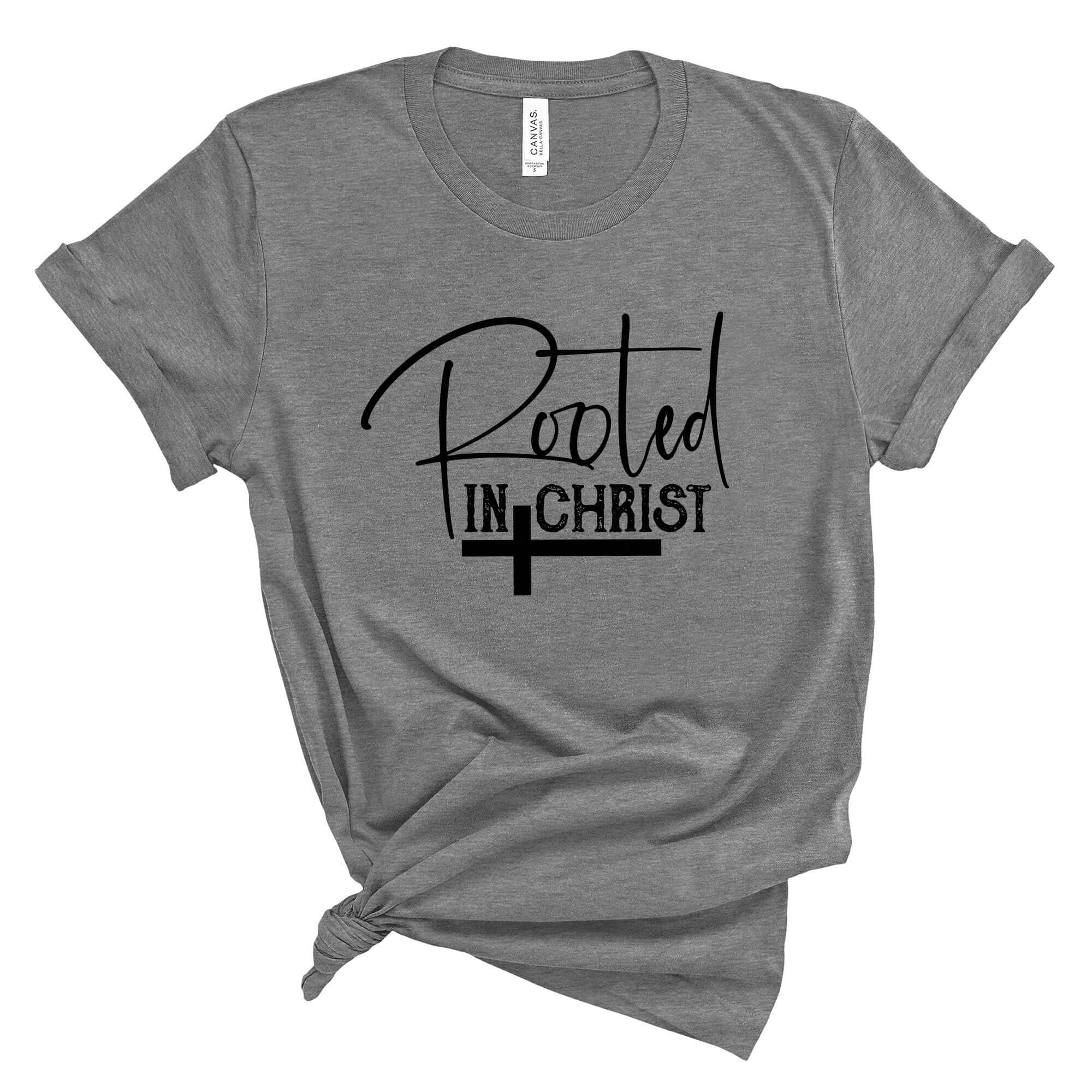 Rooted In Christ Women's Short Sleeve Tee Size: XS Color: Athletic Heather Jesus Passion Apparel