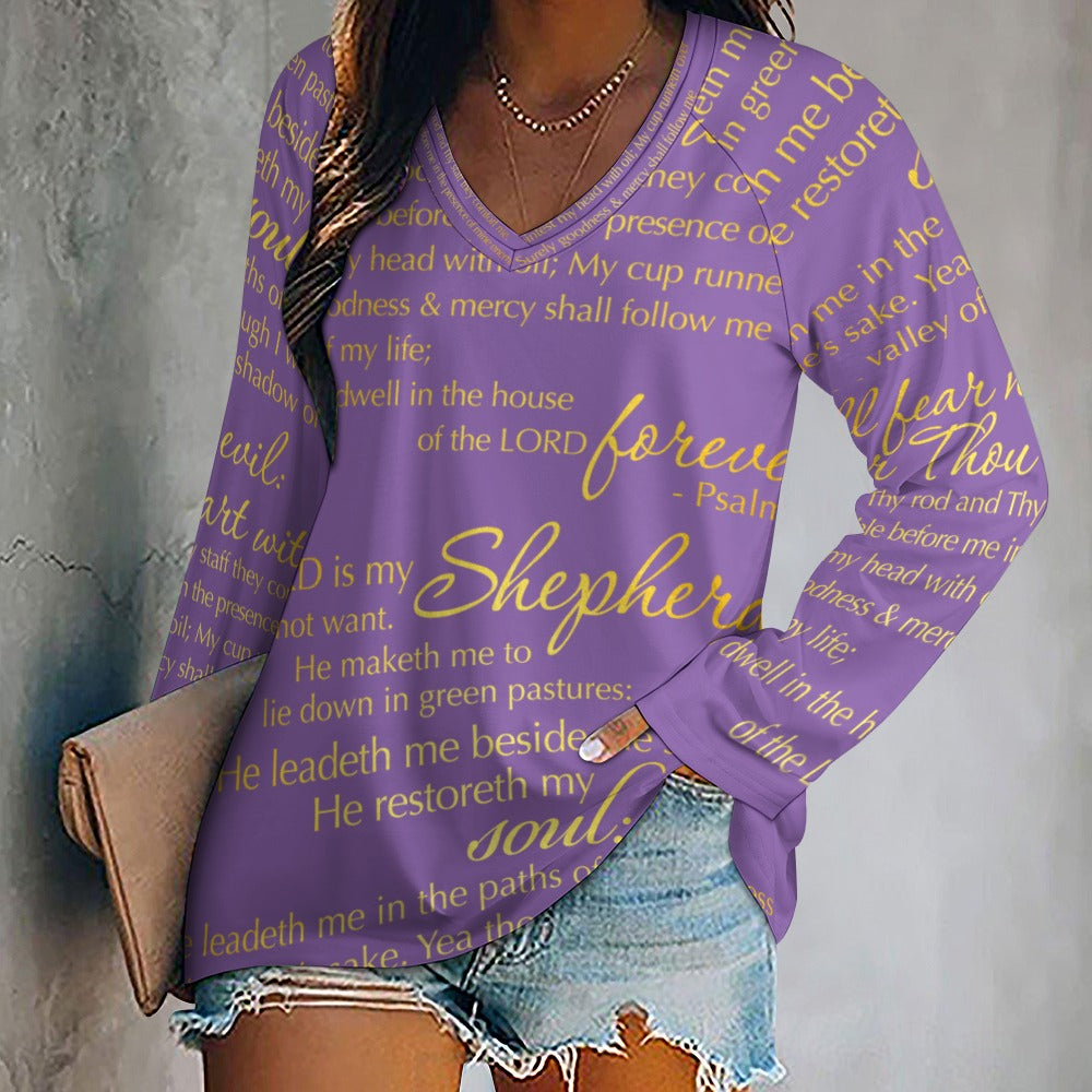 The Lord's Prayer Women's Long Sleeve Loose V-Neck Tee - Purple Size: S Color: MediumPurple Jesus Passion Apparel