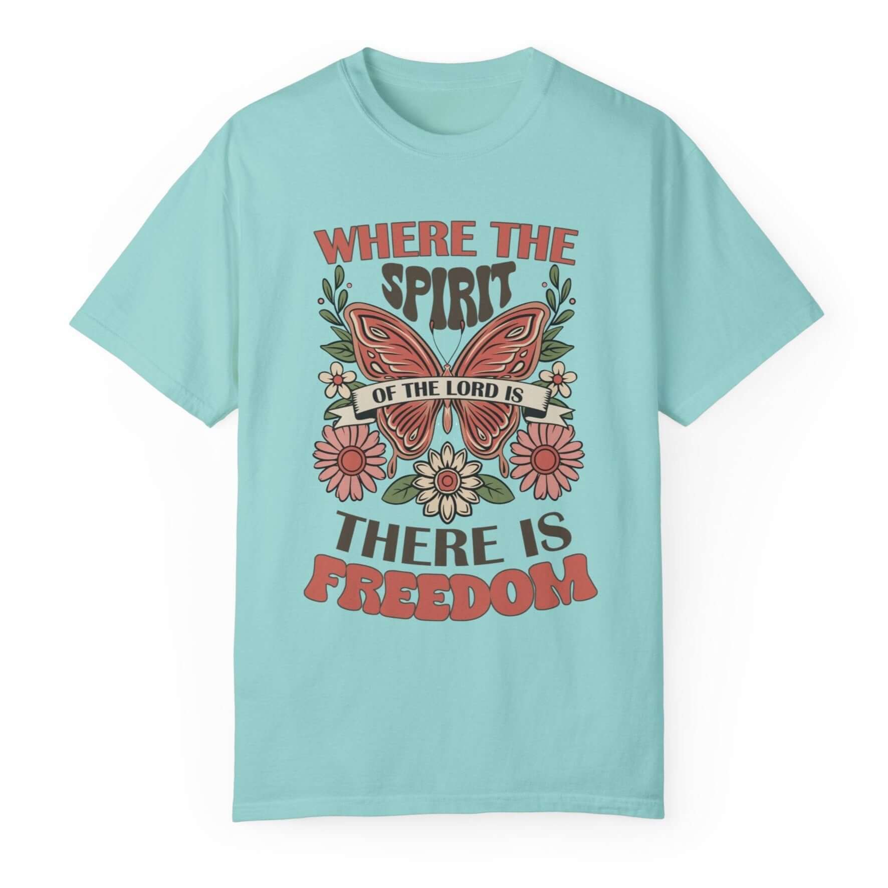 Spirit of the Lord is Freedom Floral Butterfly Women's Short Sleeve Tee Color: Chalky Mint Size: S Jesus Passion Apparel