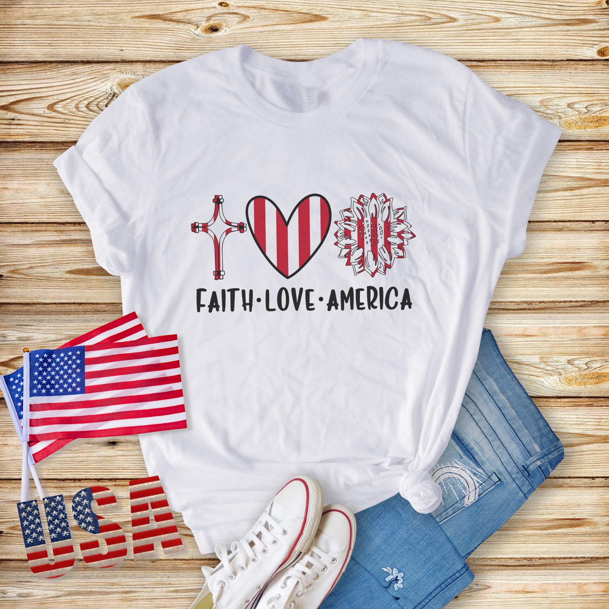 Faith Love America Women's Short Sleeve Patriotic T-Shirt Size: XS Color: Baby Blue Jesus Passion Apparel