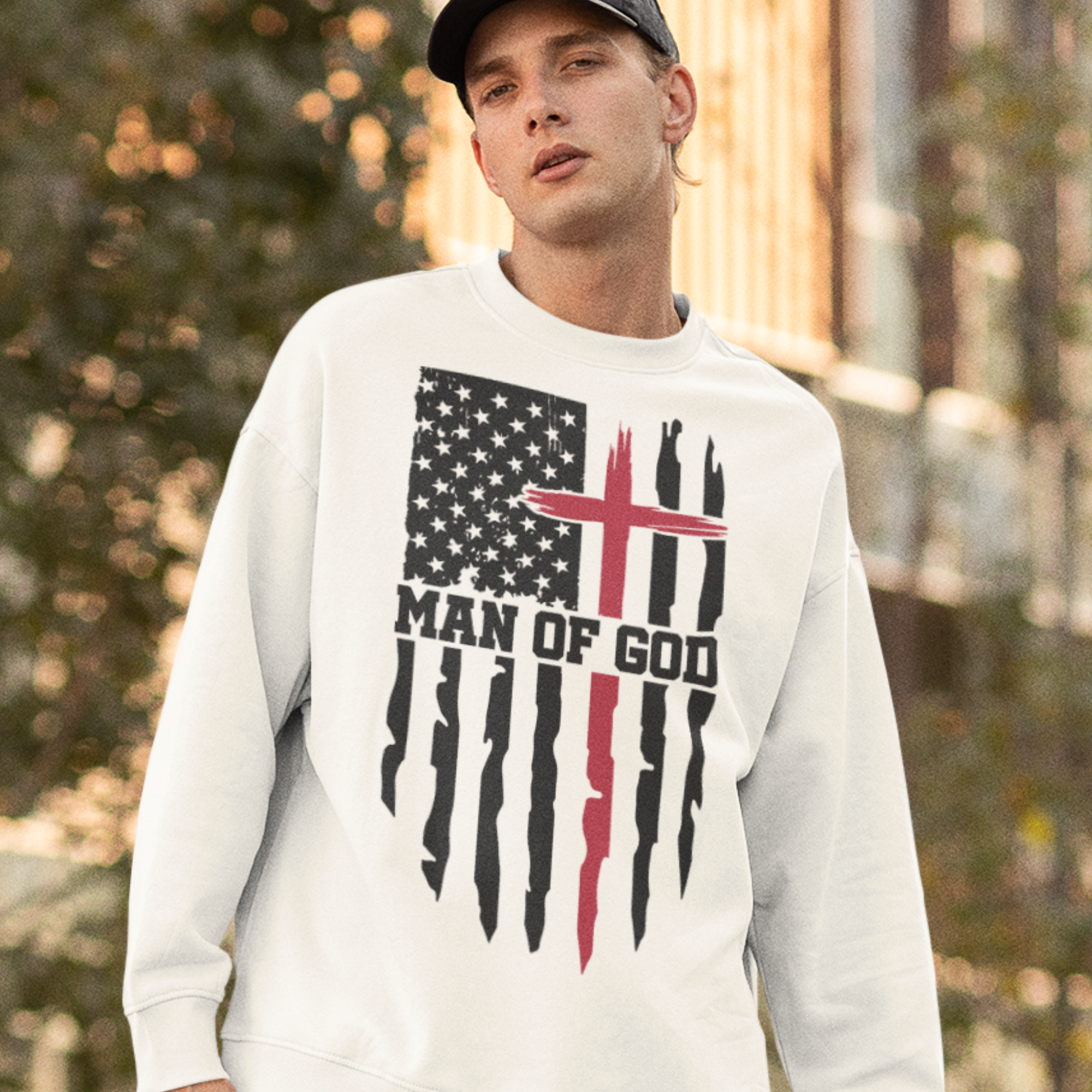 Man of God American Flag Cross Men's Unisex-Fit Fleece Sweatshirt - White Size: S Color: White Jesus Passion Apparel