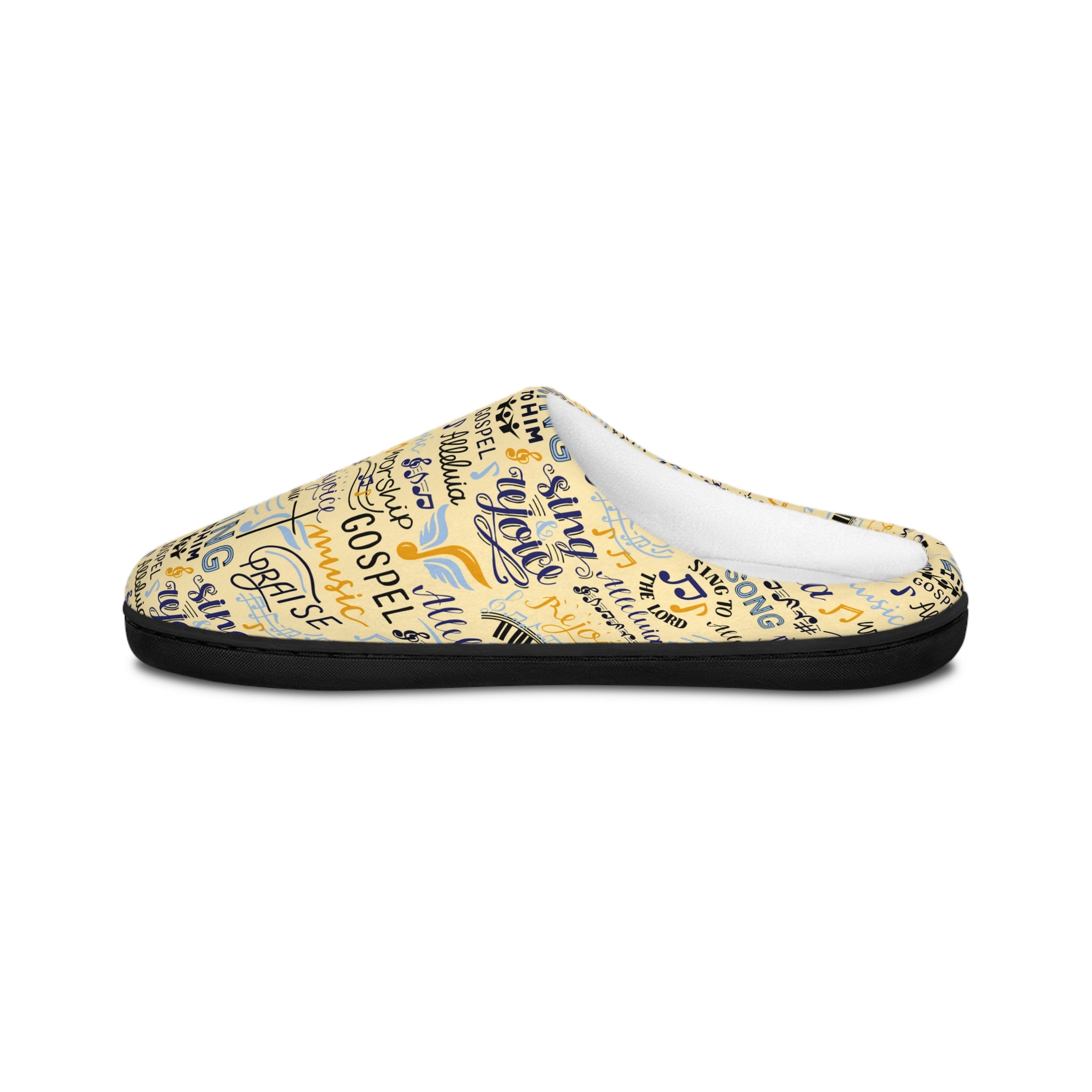 Sing To Him Alleluia Women's Yellow Indoor Slippers - Matching Pajama Set and Lounge / Pajama Pants Available Size: US 7 - 8 Color: Black sole Jesus Passion Apparel