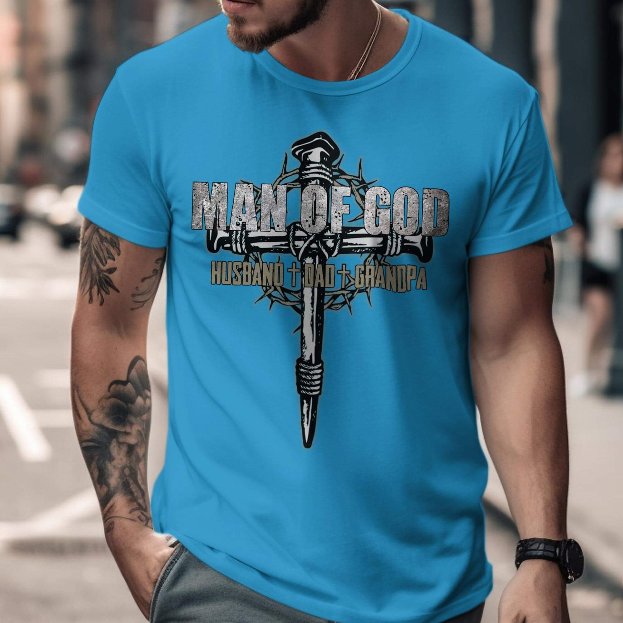 Man of God Husband Dad Grandpa Men's Jersey Short Sleeve Tee Size: XS Color: Aqua Jesus Passion Apparel