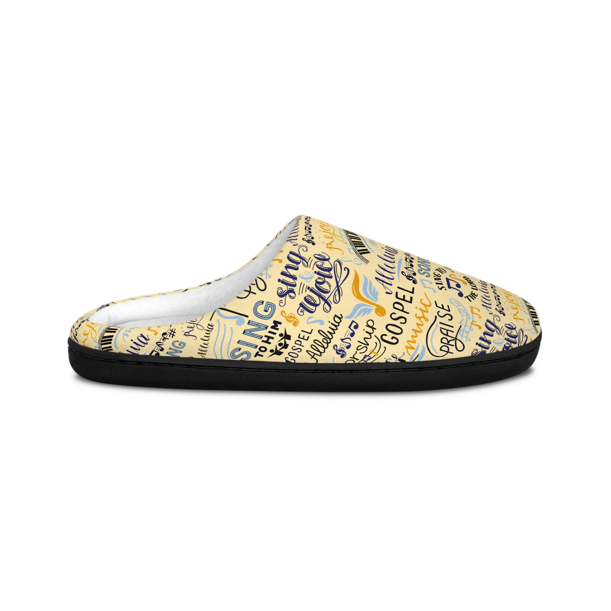 Sing To Him Alleluia Women's Yellow Indoor Slippers - Matching Pajama Set and Lounge / Pajama Pants Available Size: US 7 - 8 Color: Black sole Jesus Passion Apparel