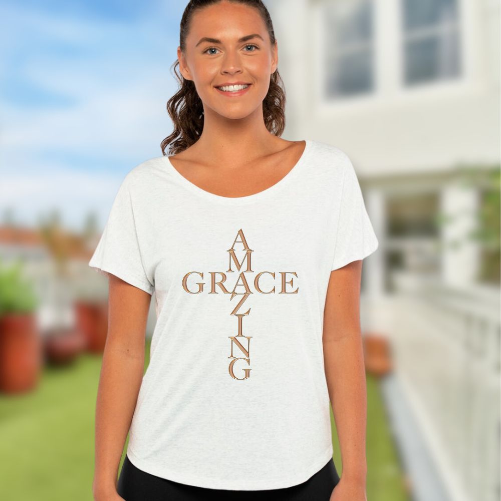 Amazing Grace - Gold Women’s Relaxed-Fit Scoop Neck T-Shirt Size: XS Color: Heather White Jesus Passion Apparel