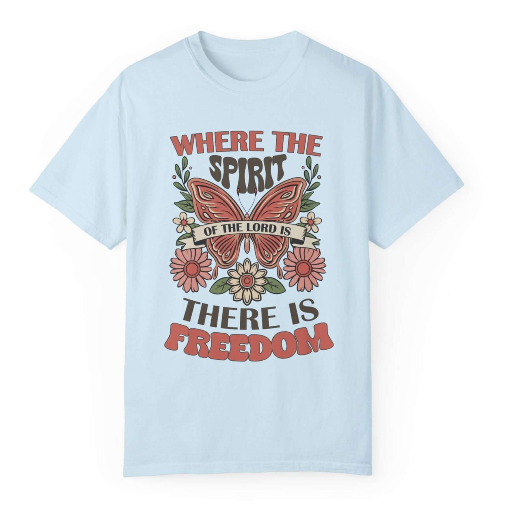Spirit of the Lord is Freedom Floral Butterfly Women's Short Sleeve Tee Color: Chambray Size: S Jesus Passion Apparel