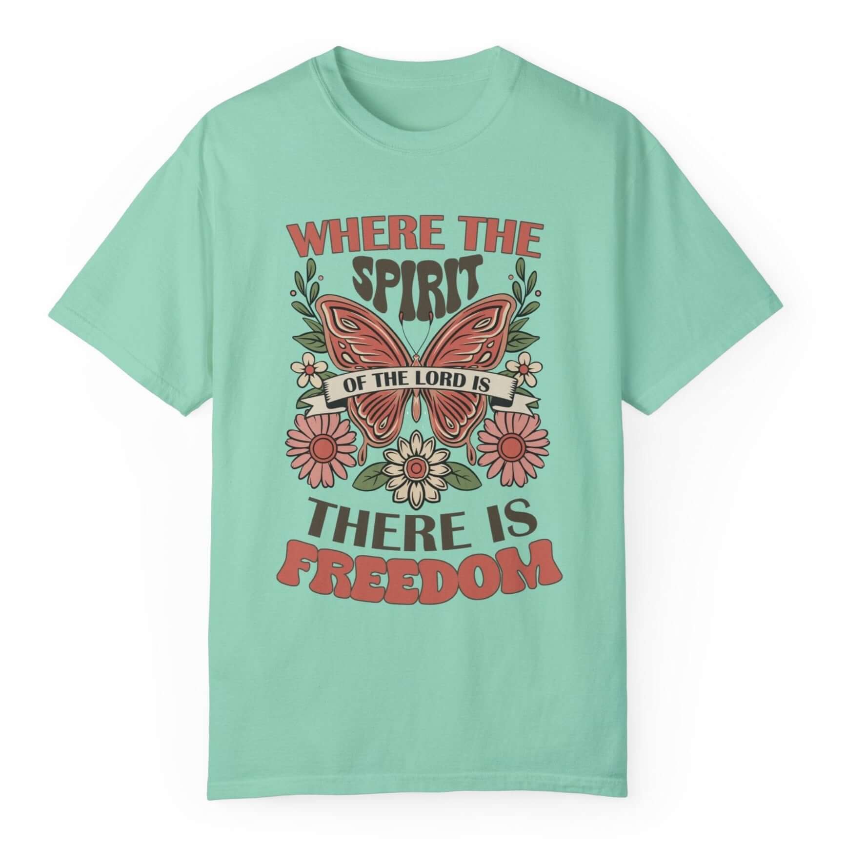 Spirit of the Lord is Freedom Floral Butterfly Women's Short Sleeve Tee Color: Island Reef Size: S Jesus Passion Apparel