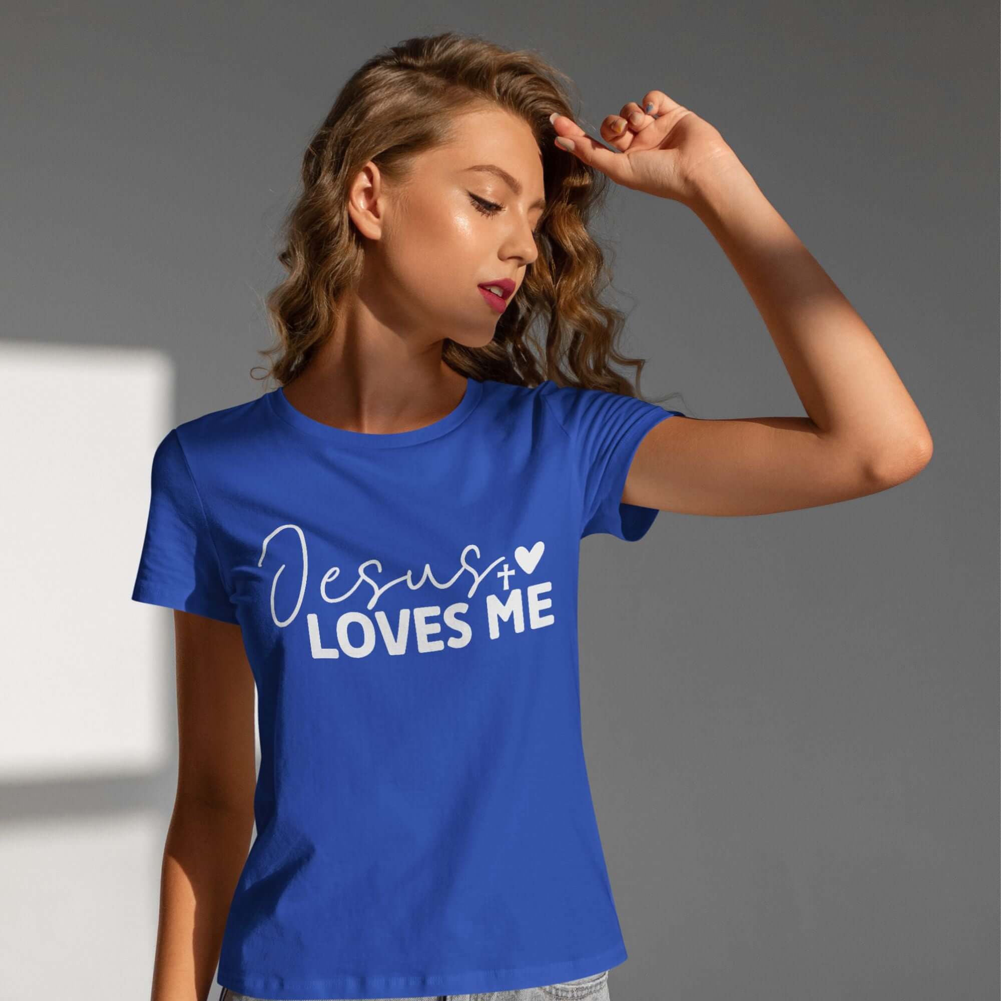 T-Shirts & TopsCelebrate your faith with this beautifully designed T-shirt featuring the inspiring message "Jesus Loves Me" in elegant script. Perfect for casual wear or group events, this shirt is a great way to spread a message of love and faith. Made f