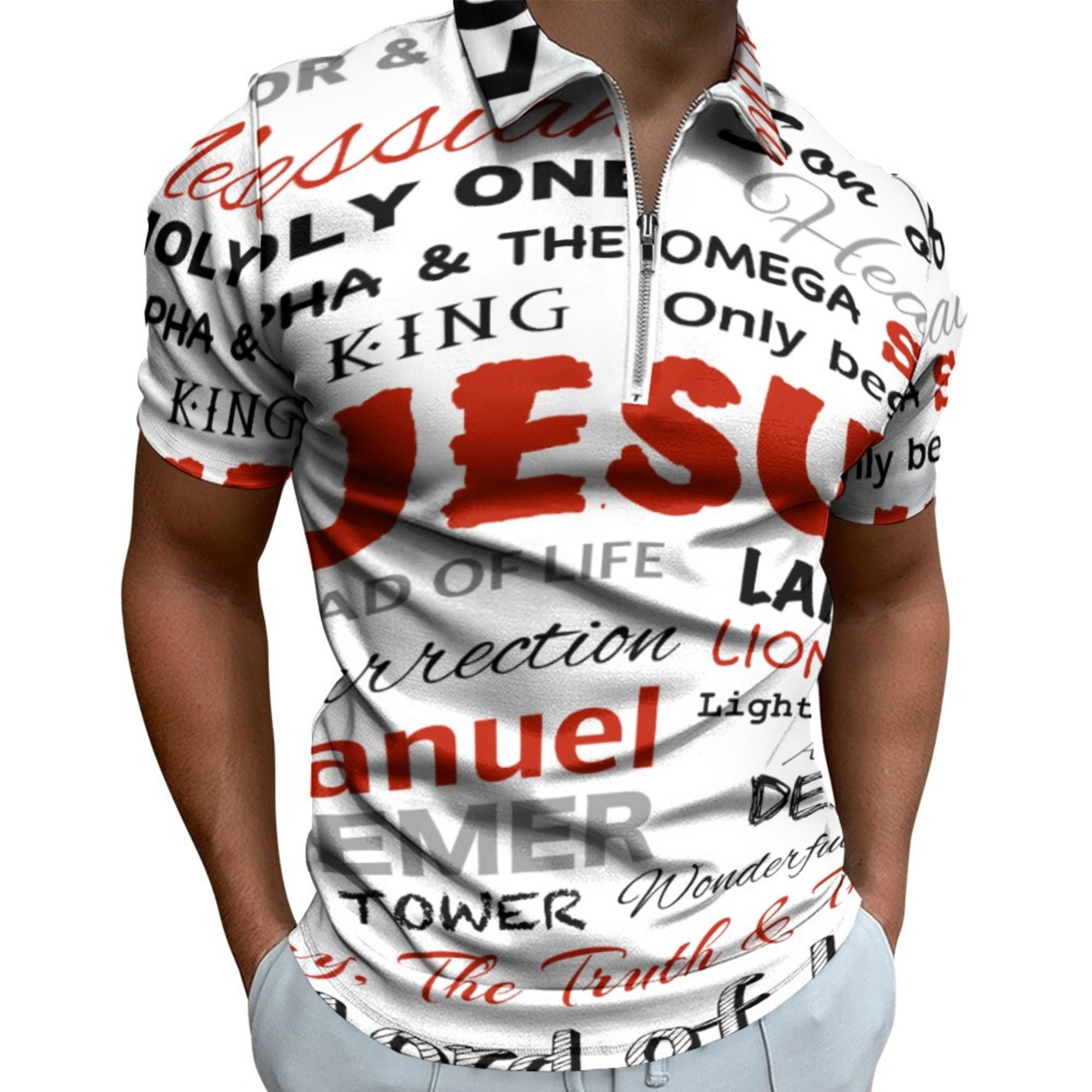 Many Names of Jesus Short Sleeve Polo Shirt Size: 2XS Color: White Jesus Passion Apparel