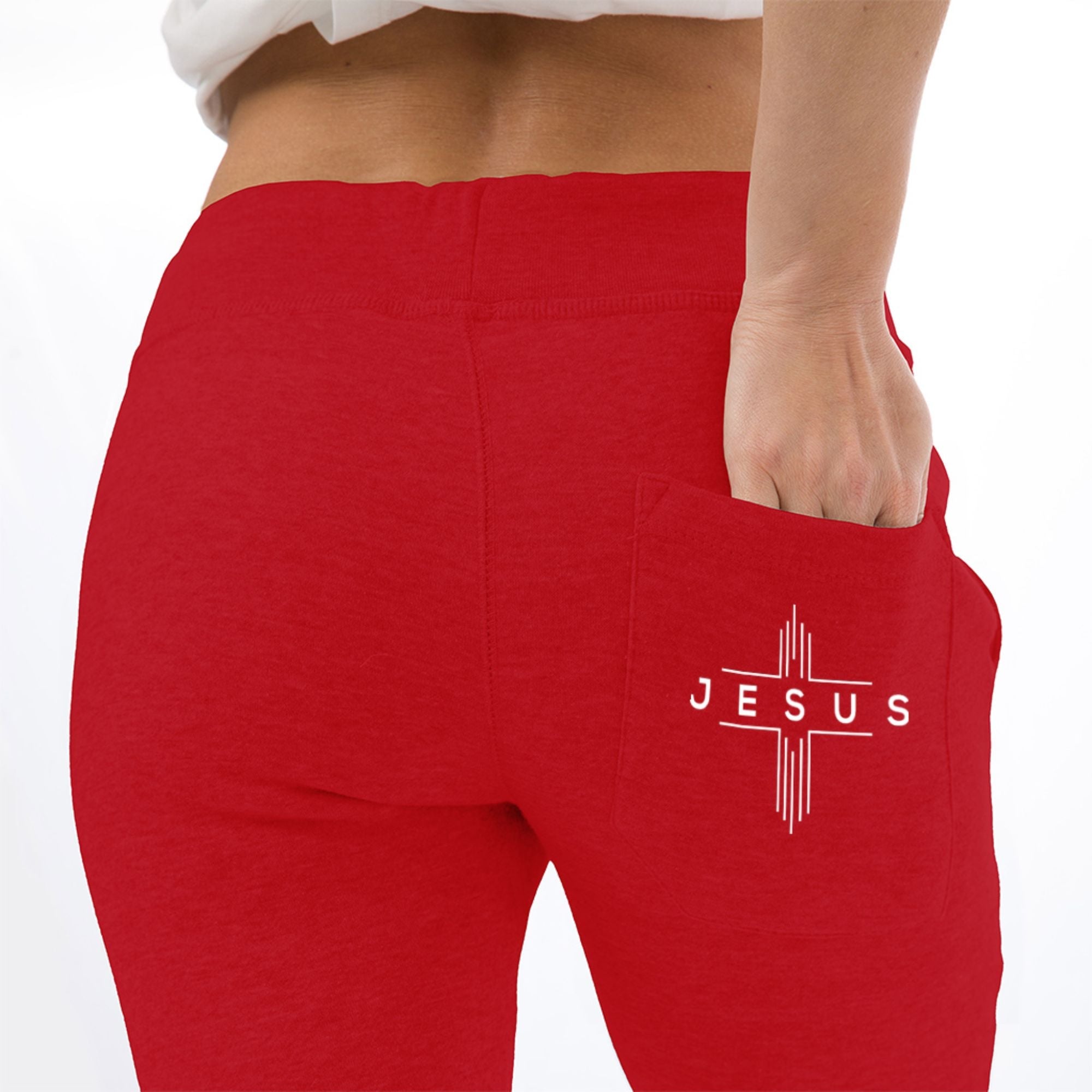 Jesus Cheveron Cross Women's Unisex Premium Fleece Joggers - Black / Red - Matching Champion T-shirt Available Size: S Color: Red Jesus Passion Apparel