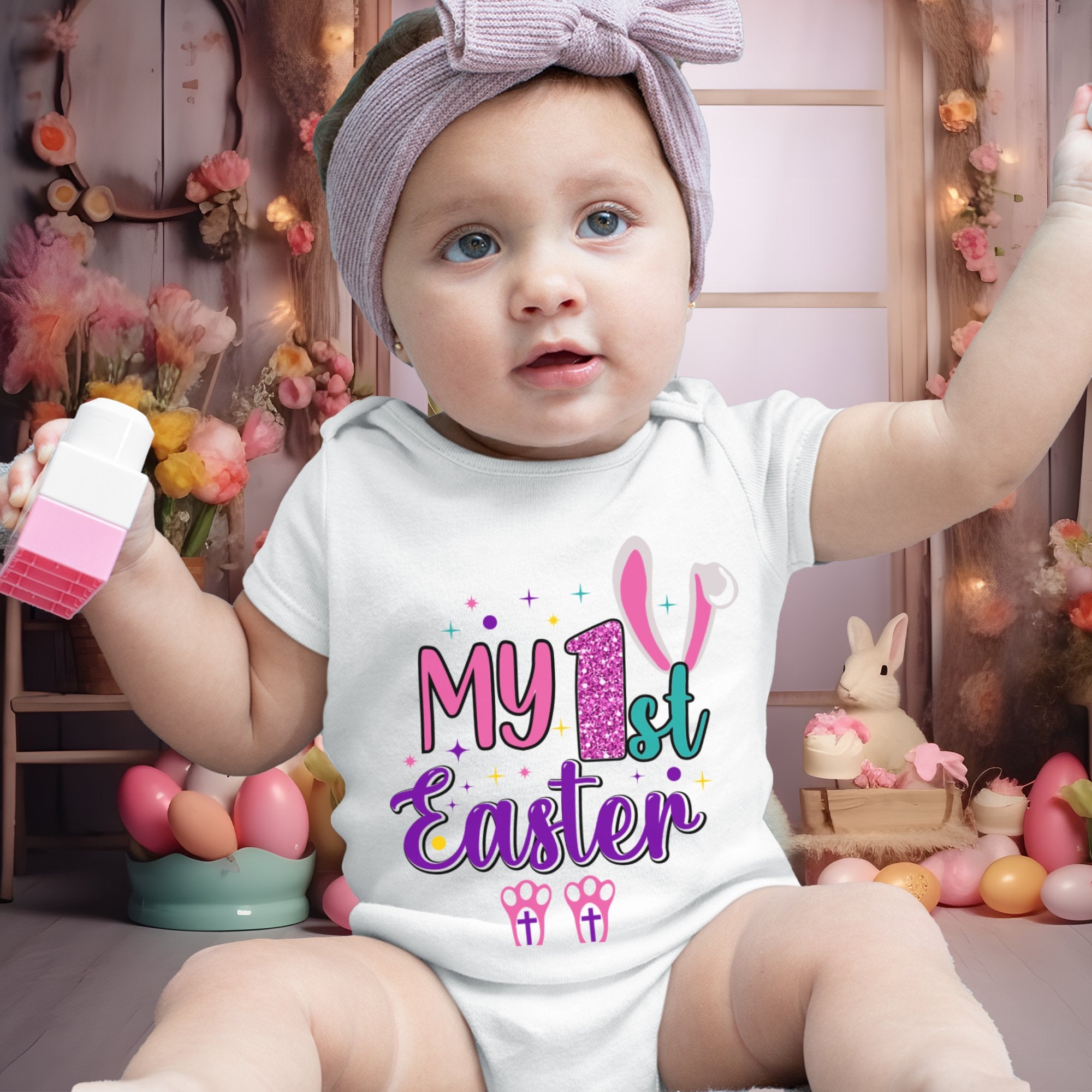 Baby's First Easter Rabbit Infant Fine Jersey Bodysuit Size: 6mo Color: White Jesus Passion Apparel