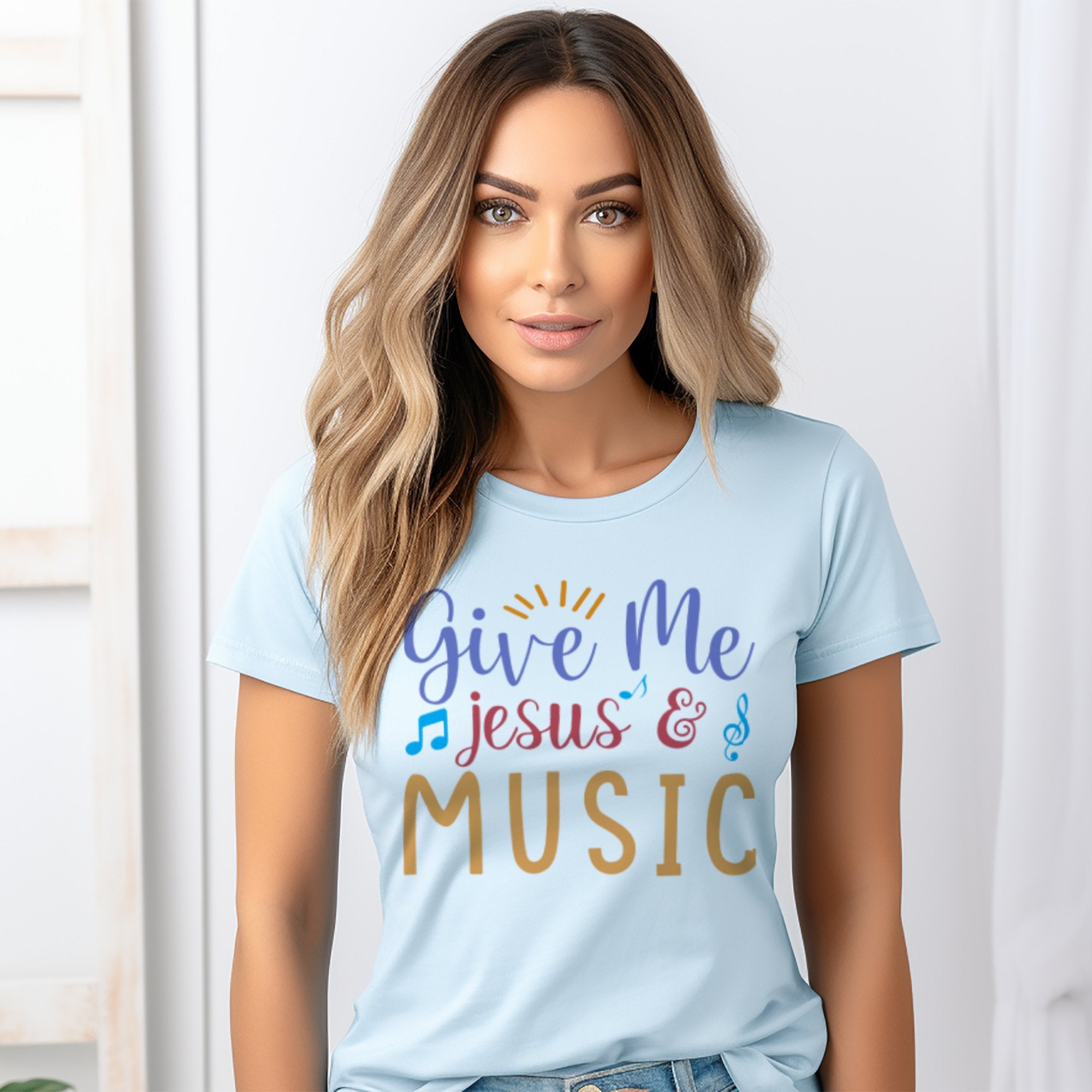 Give Me Music and Jesus Colorful Detail Women's Jersey Short Sleeve T-Shirt Size: XS Color: Light Blue Jesus Passion Apparel