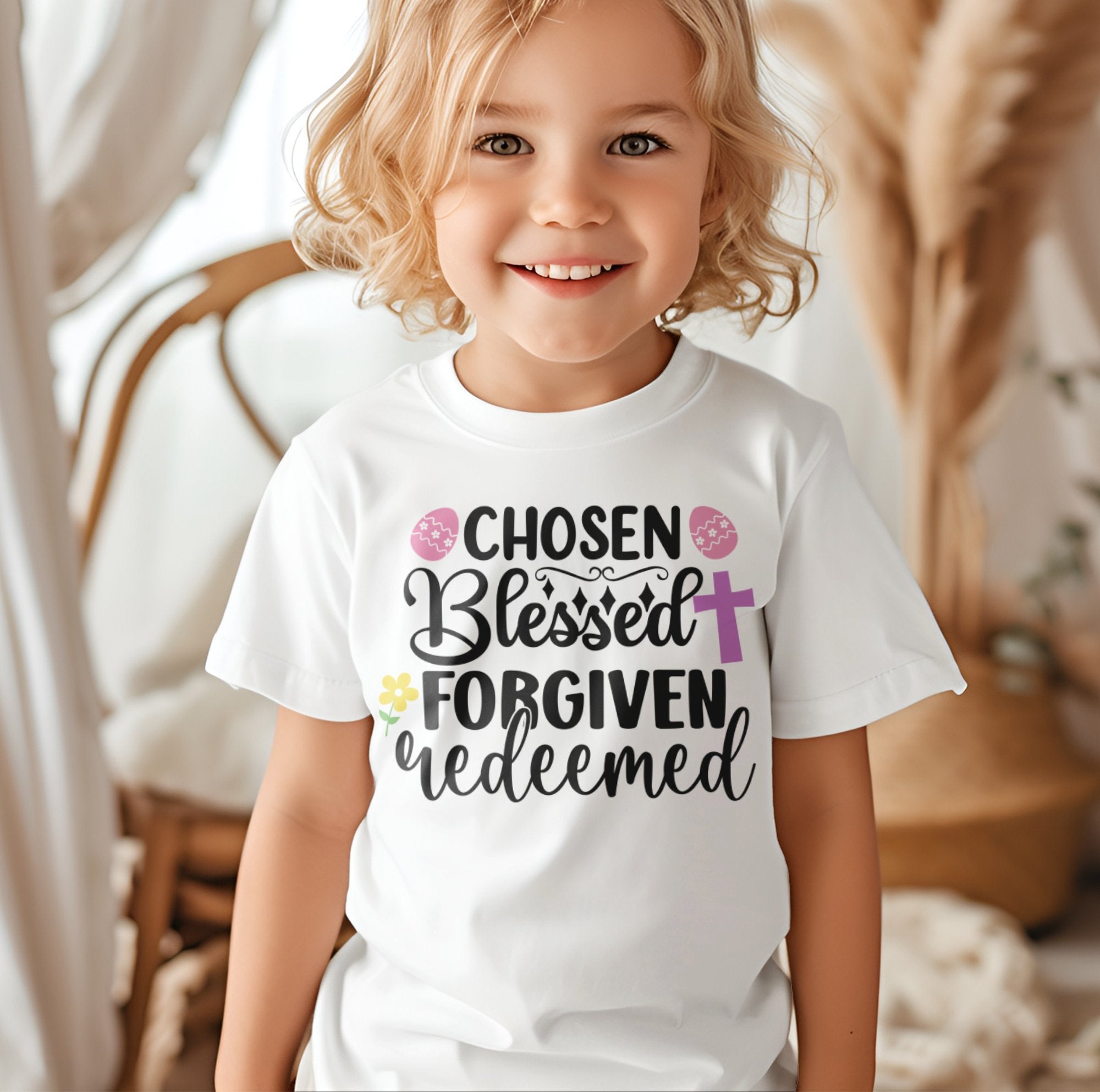 Chosen Blessed Forgiven Redeemed Toddler Short Sleeve Tee Size: 5/6T Color: Heather Jesus Passion Apparel