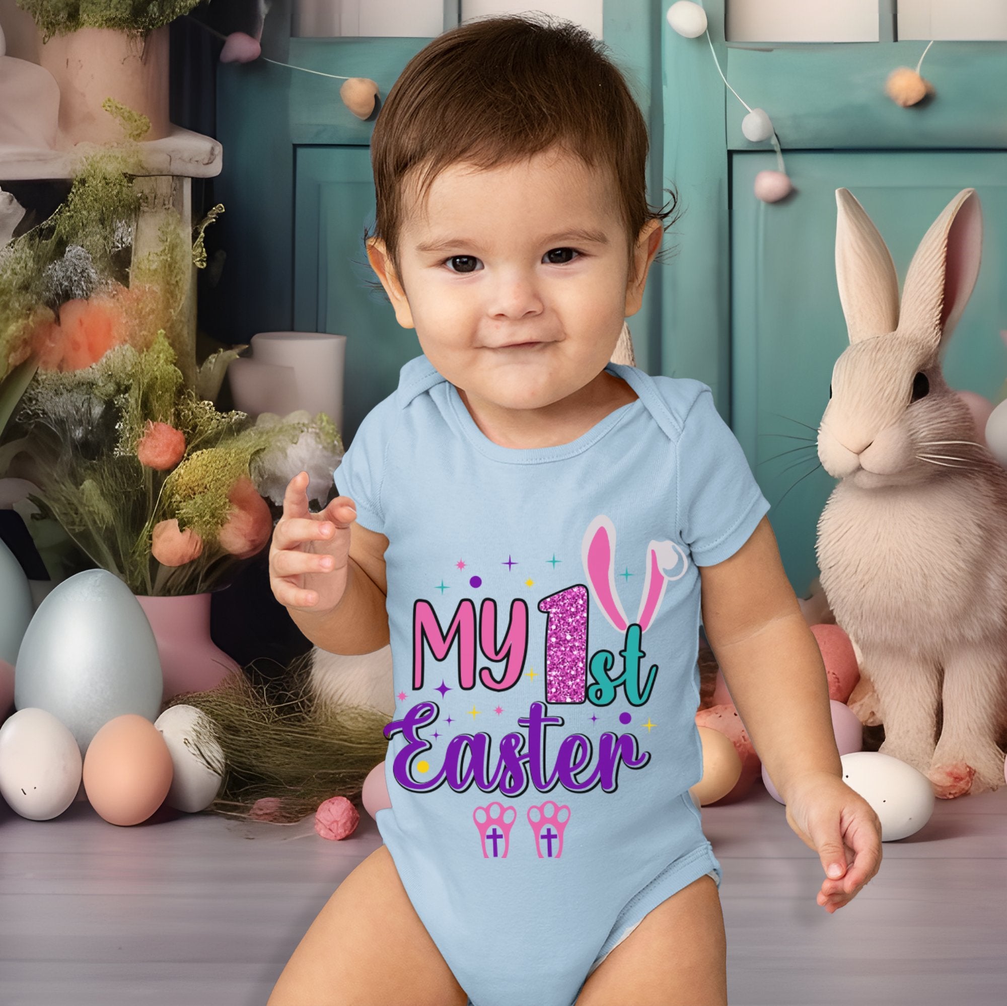 Baby's First Easter Rabbit Infant Fine Jersey Bodysuit Size: 6mo Color: White Jesus Passion Apparel
