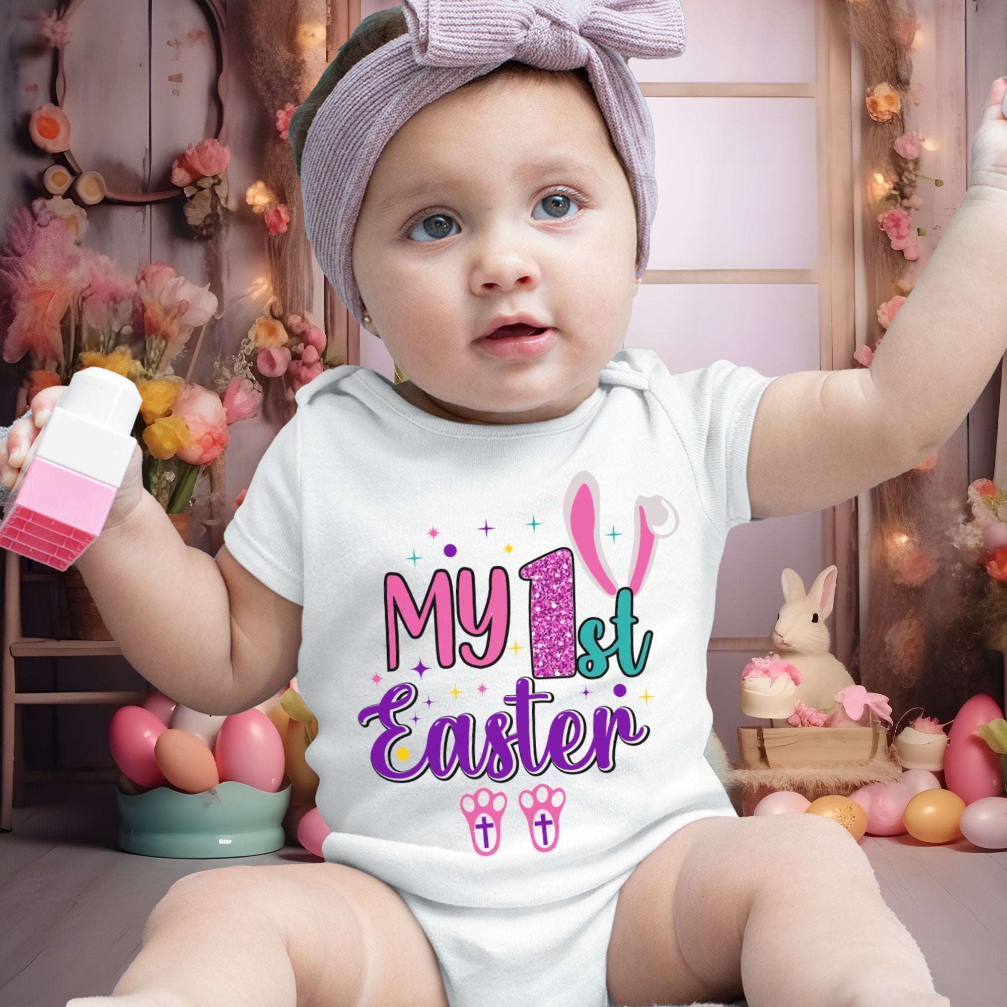 Baby's First Easter Rabbit with Cross Feet Infant Fine Jersey Bodysuit Size: Newborn Color: White Jesus Passion Apparel