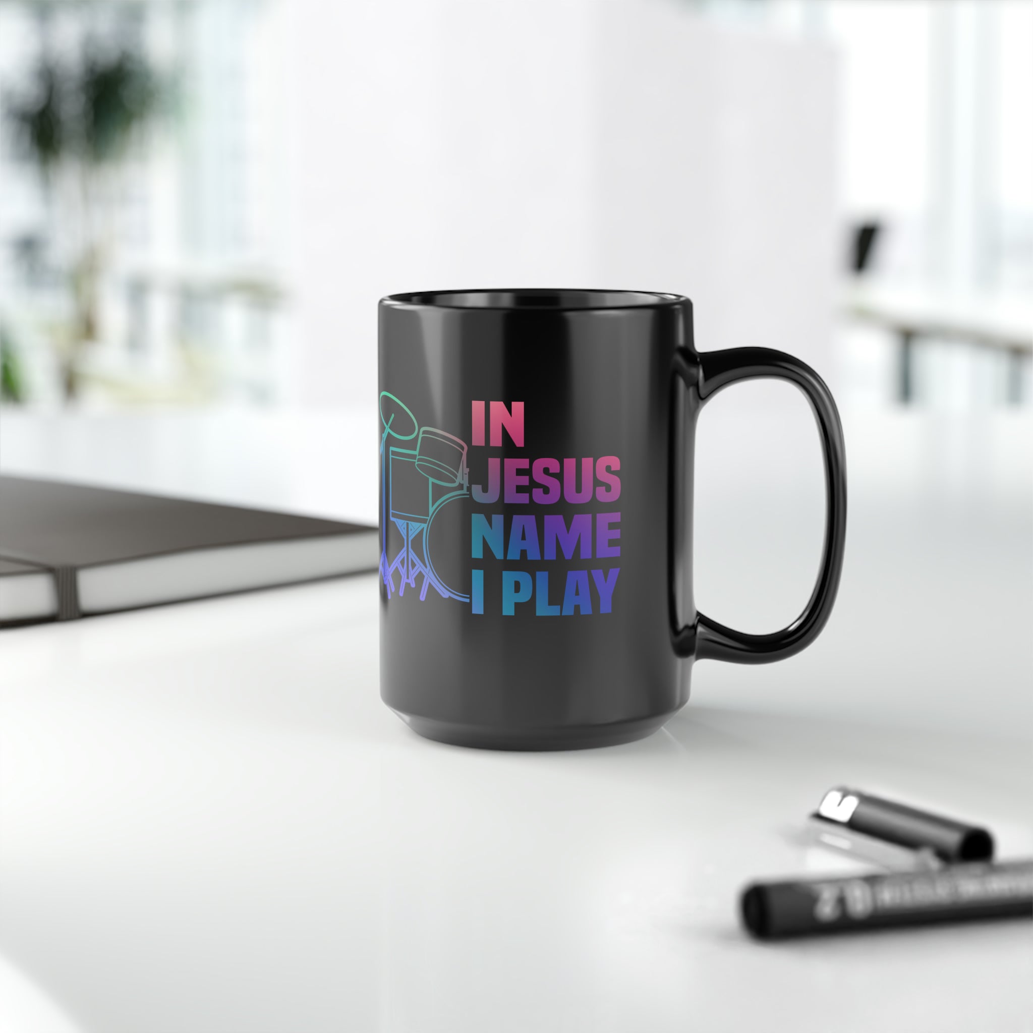 In Jesus Name I Play Drums - 15 oz Mug - Mini Set Size: Black 15oz Jesus Passion Apparel