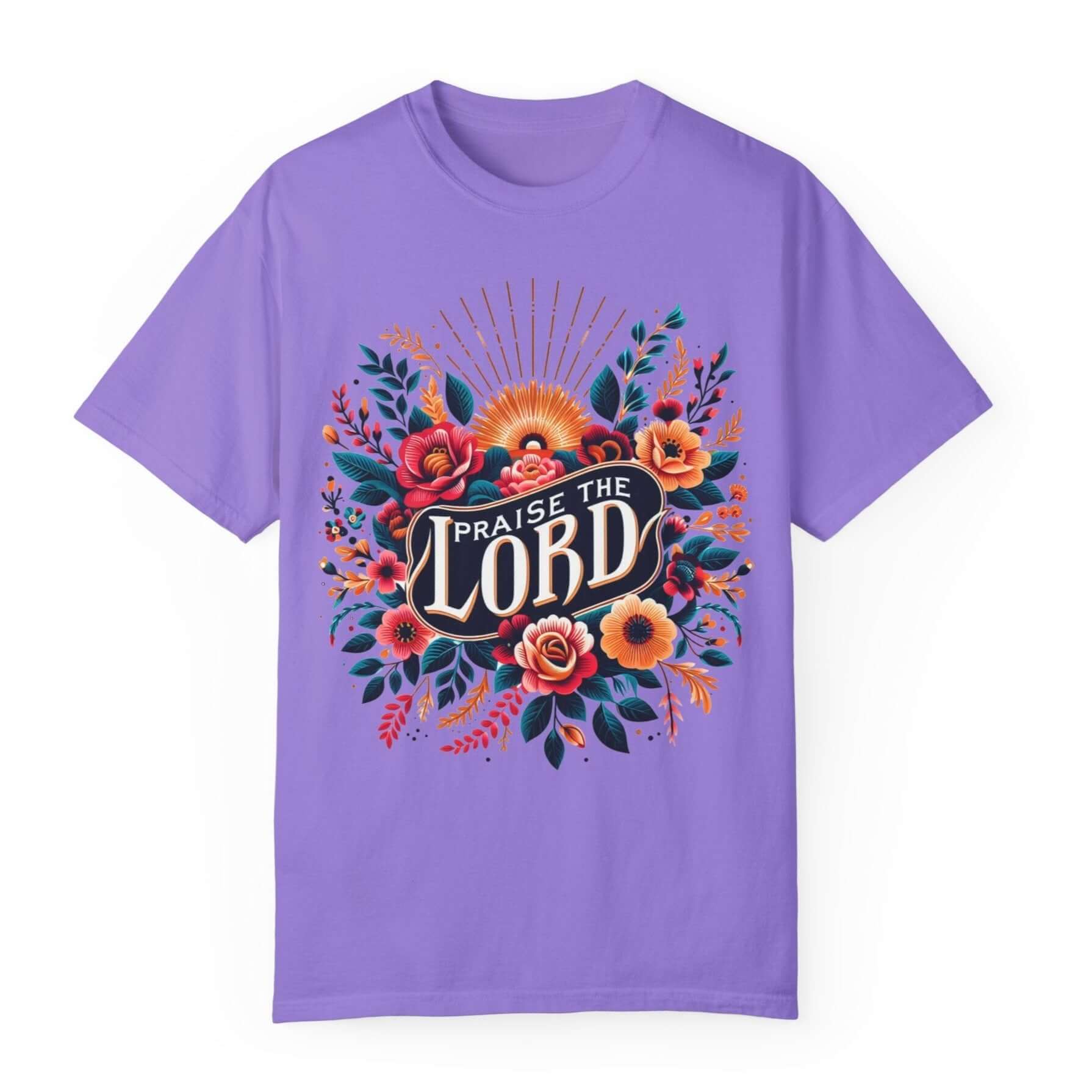 Praise the Lord Floral Sunshine Women's Short Sleeve Tee Color: Violet Size: S Jesus Passion Apparel