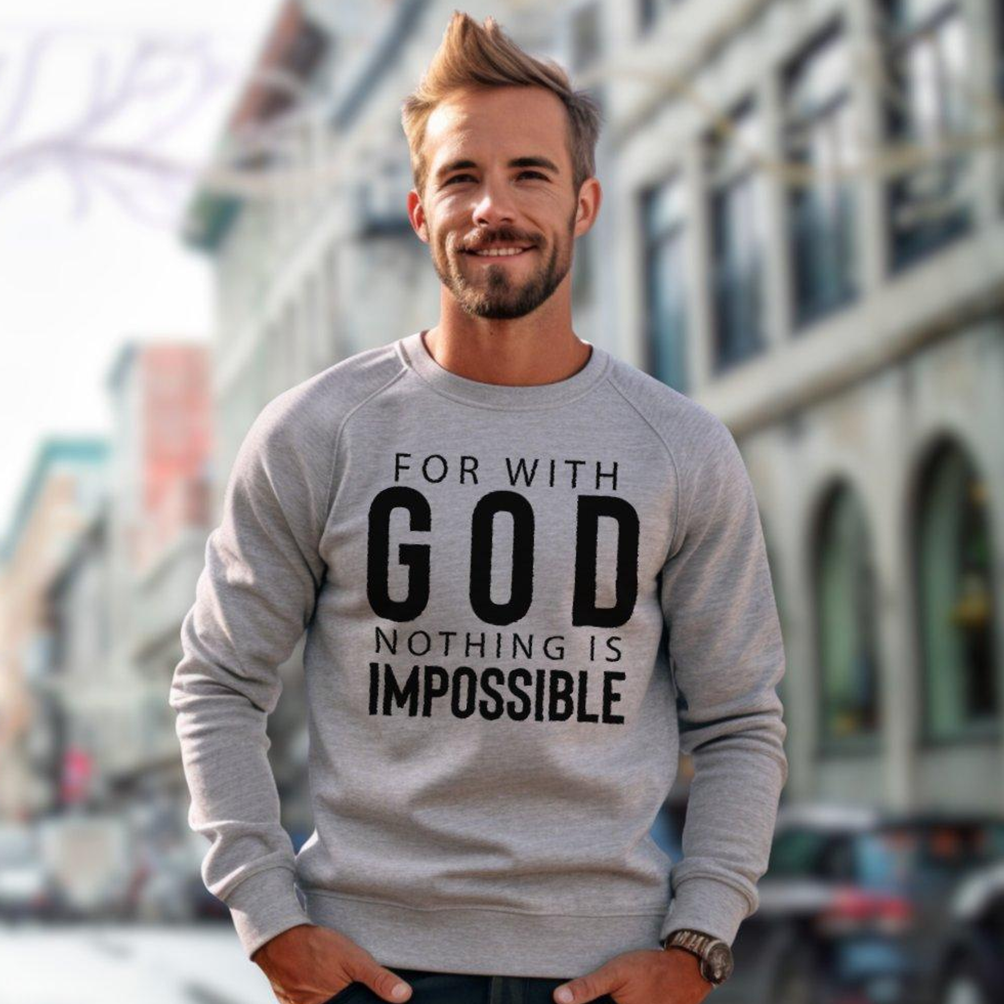 God Nothing is Impossible Men's Fleece Unisex-Fit Sweatshirt - Sport Grey Size: S Color: Sport Grey Jesus Passion Apparel