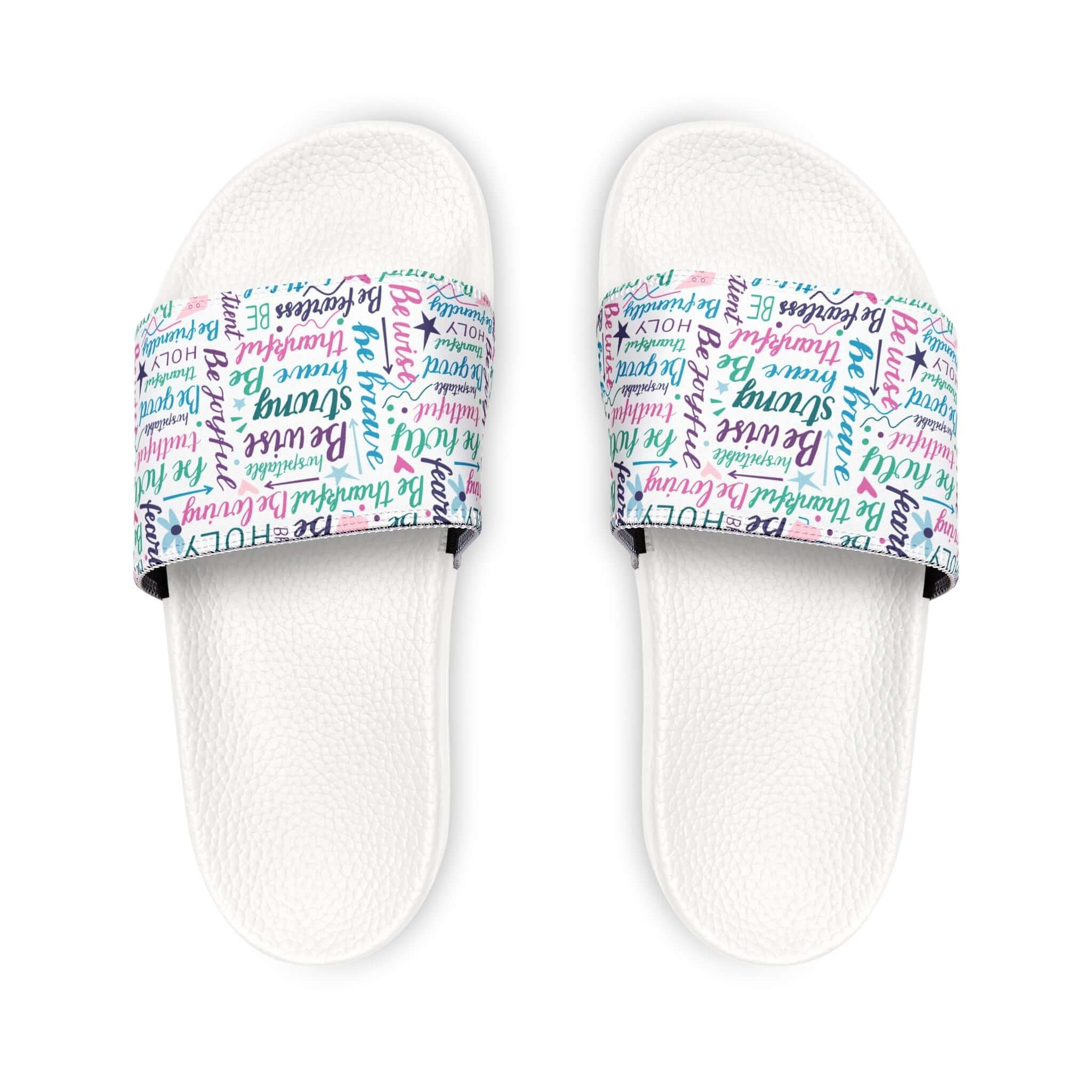 Be Strong Be Wise Affirmations Youth PU Slide Sandals Color: White Size: Kid's 13 Jesus Passion Apparel