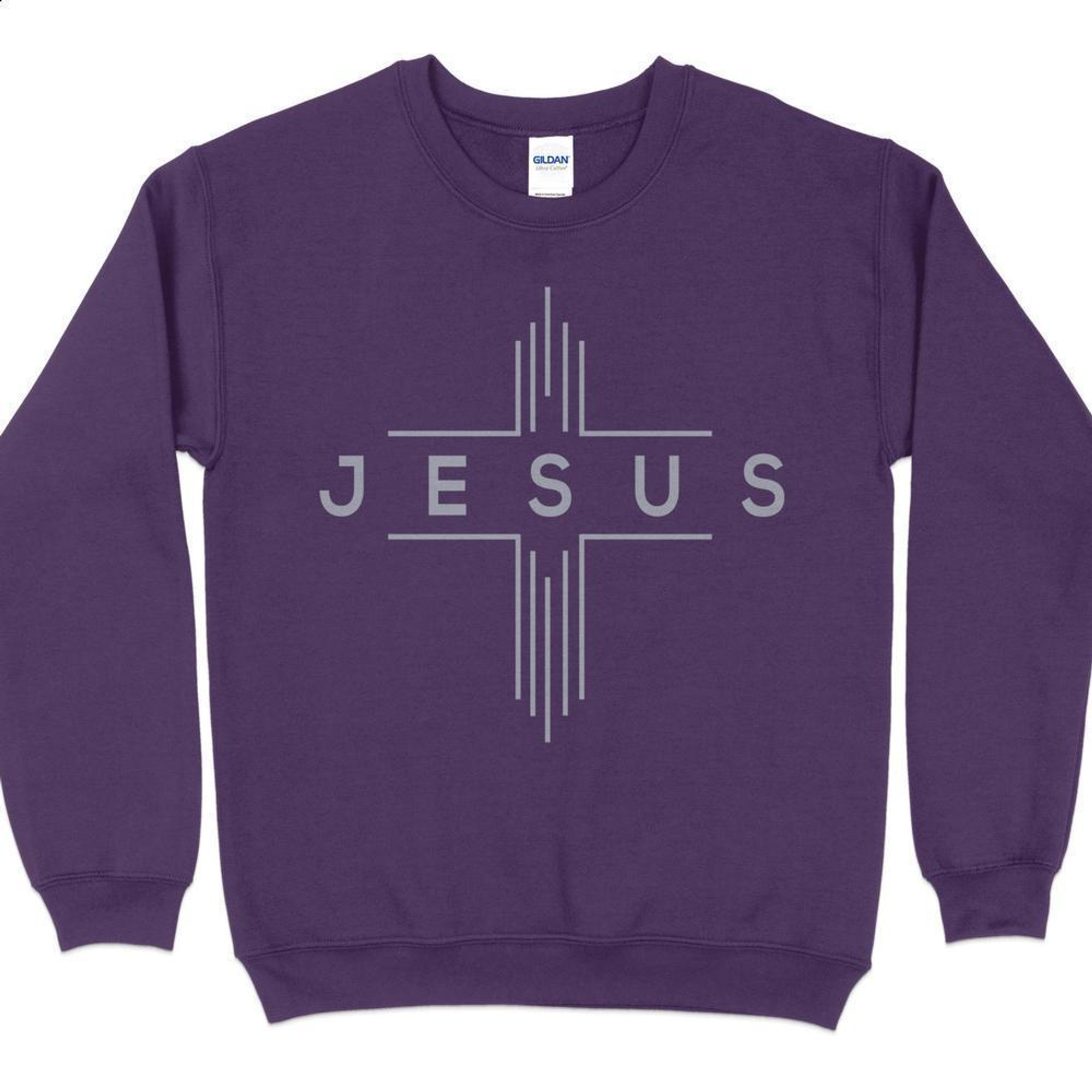 Jesus Modern Cross Silver Men's Unisex-Fit Fleece Sweatshirt - Purple Size: S Color: Purple Jesus Passion Apparel