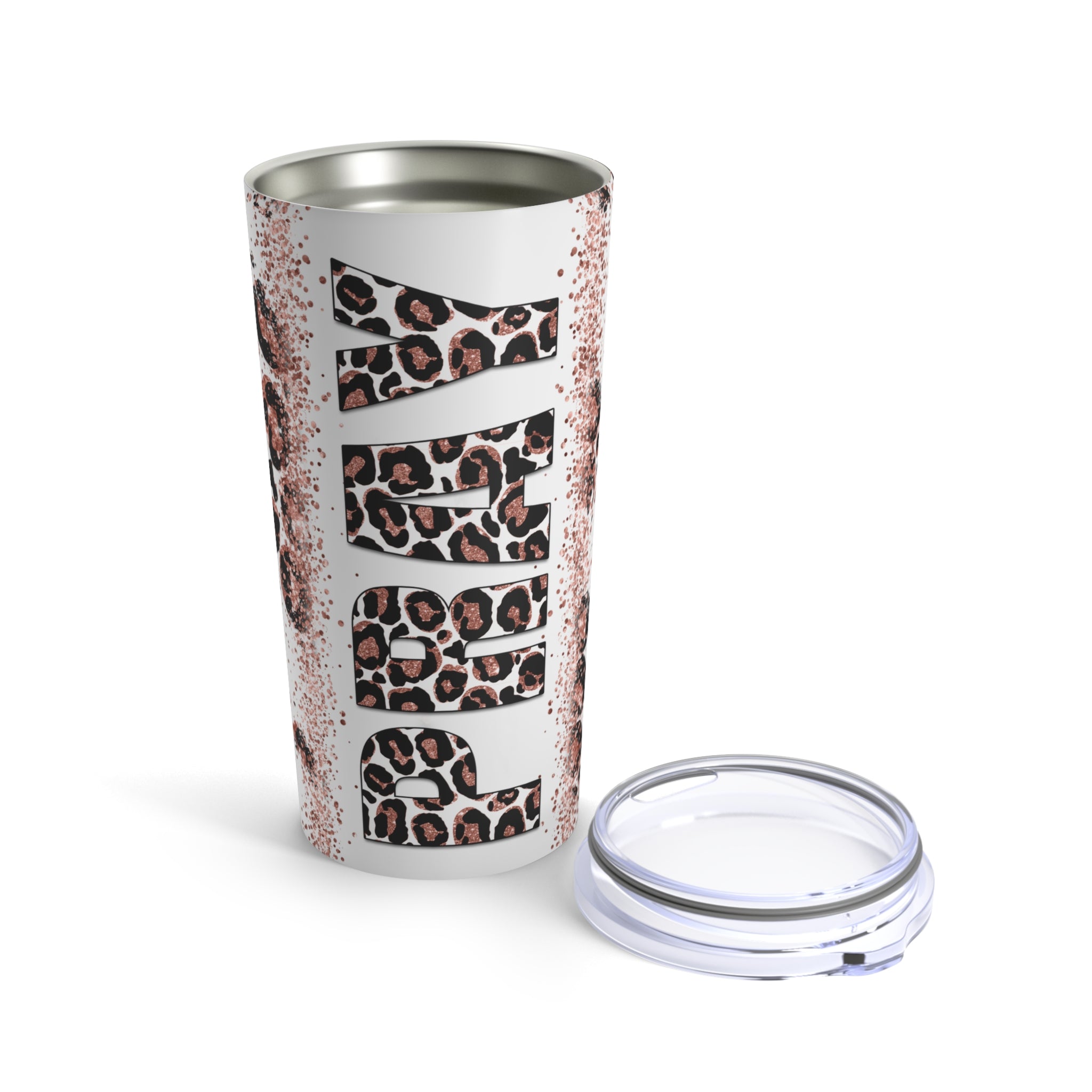 Pray Animal Print Pink Rose Glitter Hot-Cold Tumbler 20 oz with Sip Lid Size: 20oz Jesus Passion Apparel