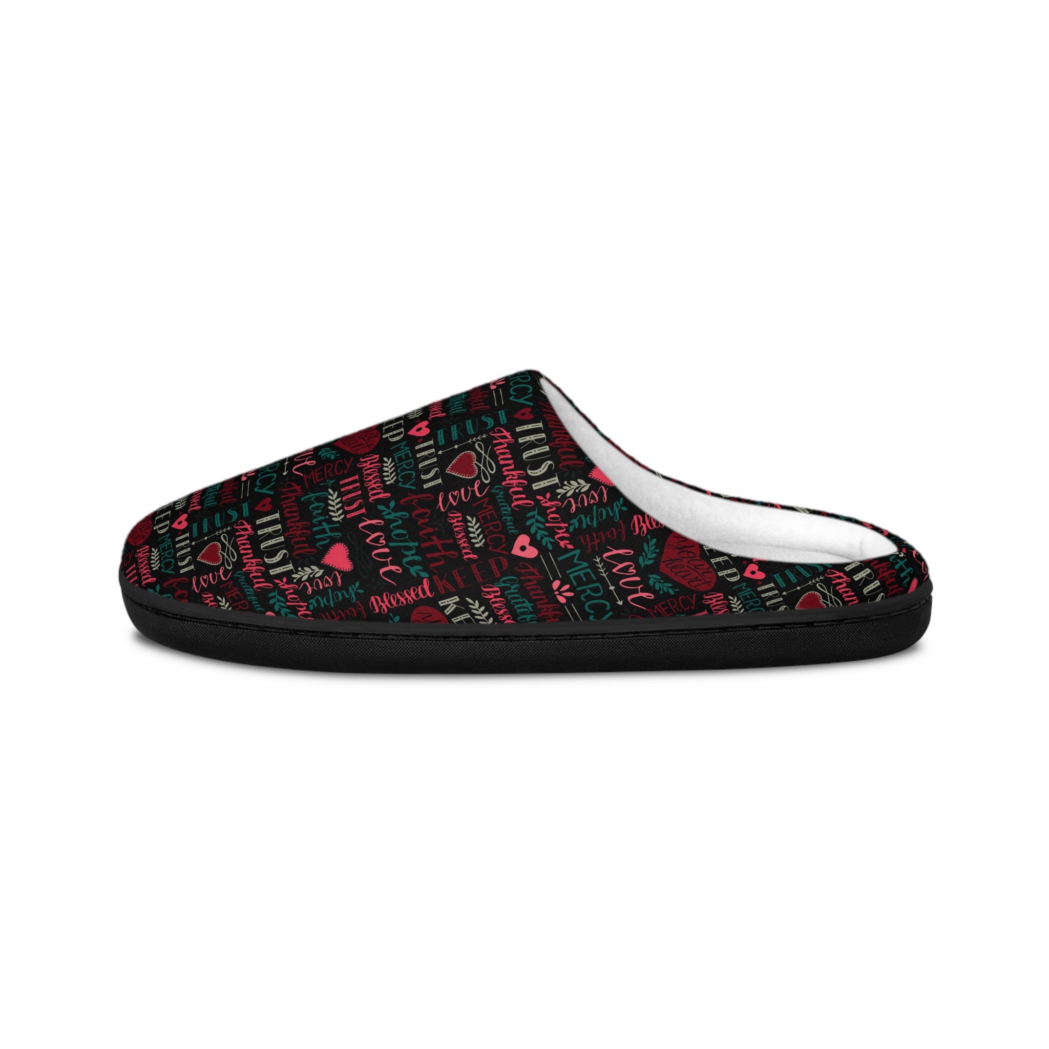 Faith Hope Love Women's Indoor Slippers - Matching Pajama Set and Lounge / Pajama Pants Available Size: US 7 - 8 Color: Black sole Jesus Passion Apparel