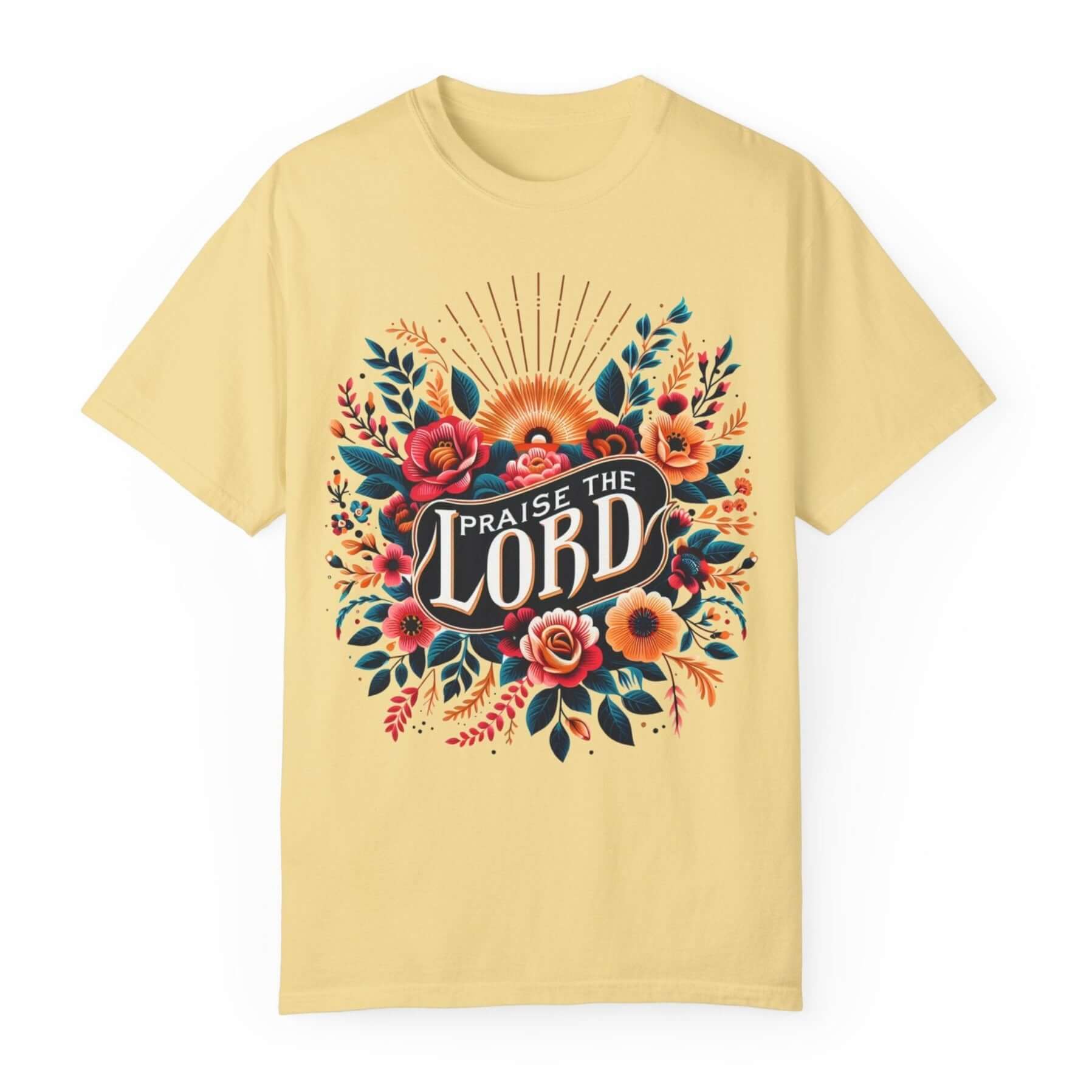 Praise the Lord Floral Sunshine Women's Short Sleeve Tee Color: Butter Size: S Jesus Passion Apparel