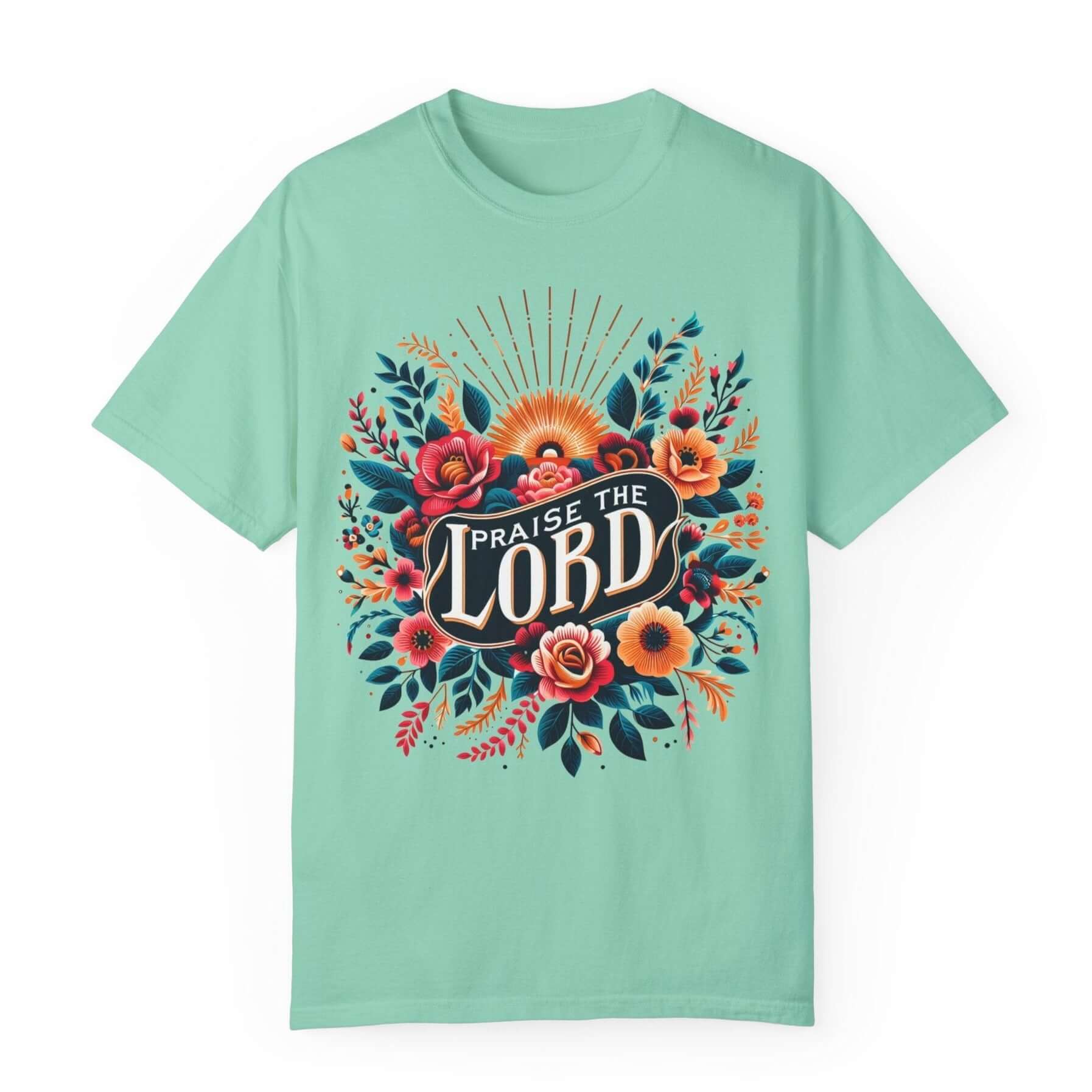 Praise the Lord Floral Sunshine Women's Short Sleeve Tee Color: Island Reef Size: S Jesus Passion Apparel