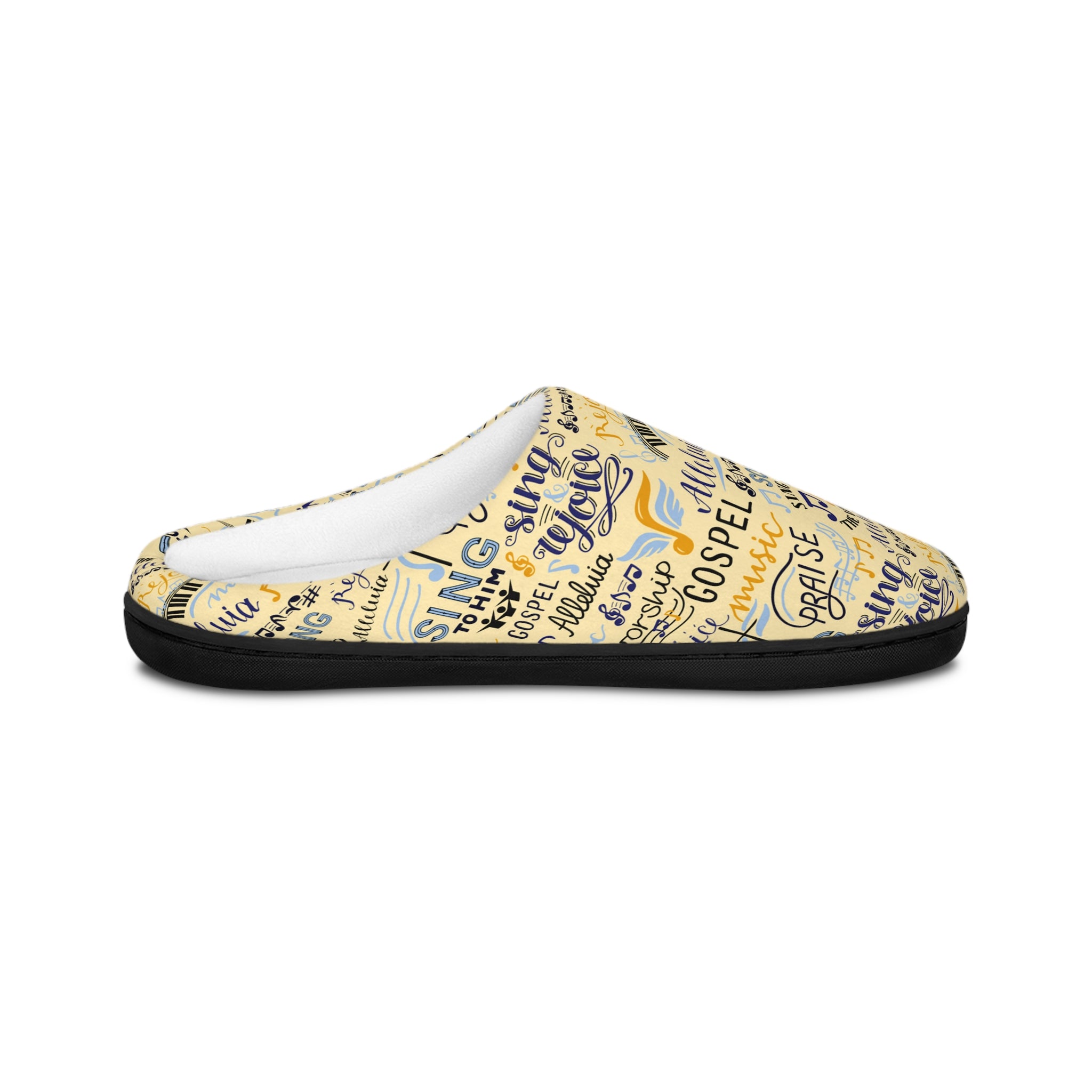 Sing To Him Alleluia Women's Yellow Indoor Slippers - Matching Pajama Set and Lounge / Pajama Pants Available Size: US 7 - 8 Color: Black sole Jesus Passion Apparel