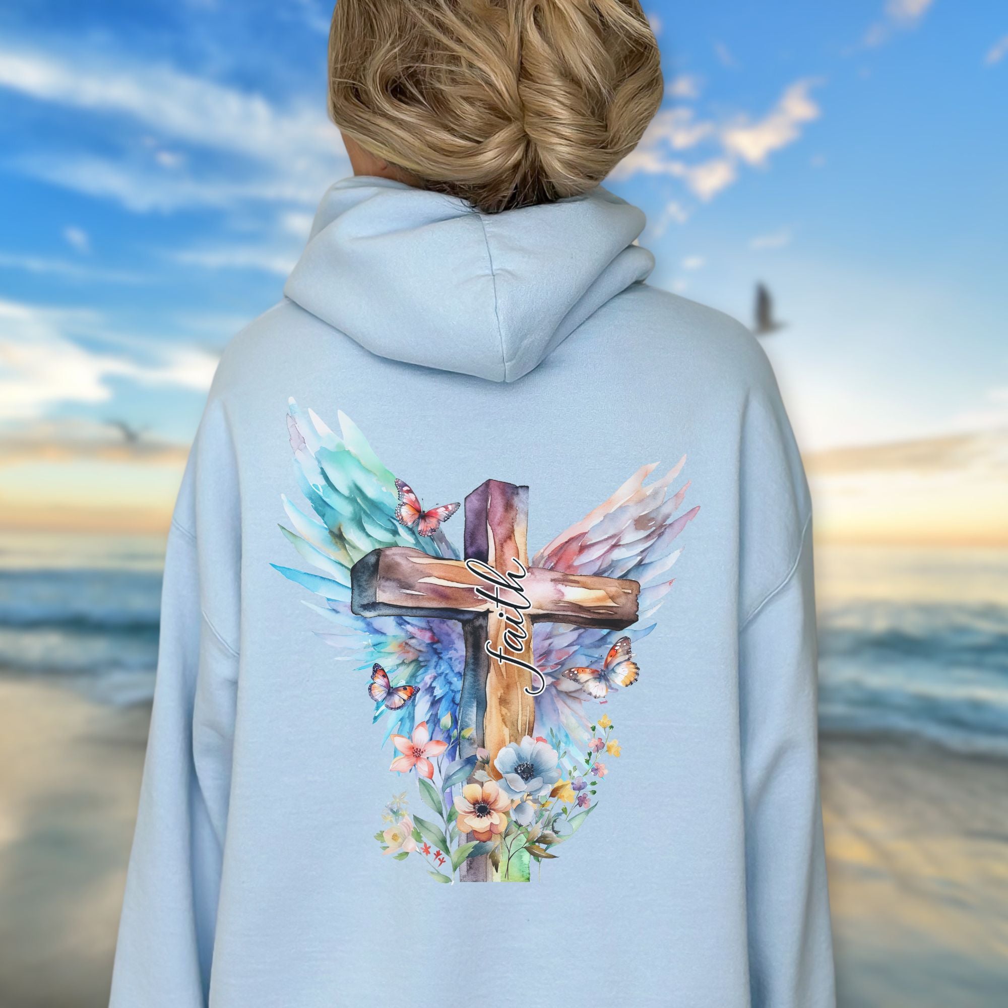 Faith Butterfly Wings and Cross Unisex-Fit Hoodie Color: White Size: S Jesus Passion Apparel