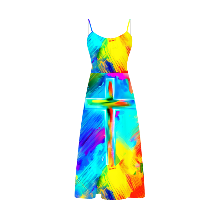 Color of Salvation - Colorful Cross Abstract Art Women's Split Midi Cami Dress color: Lucent White / Colorful Cross size: S Jesus Passion Apparel