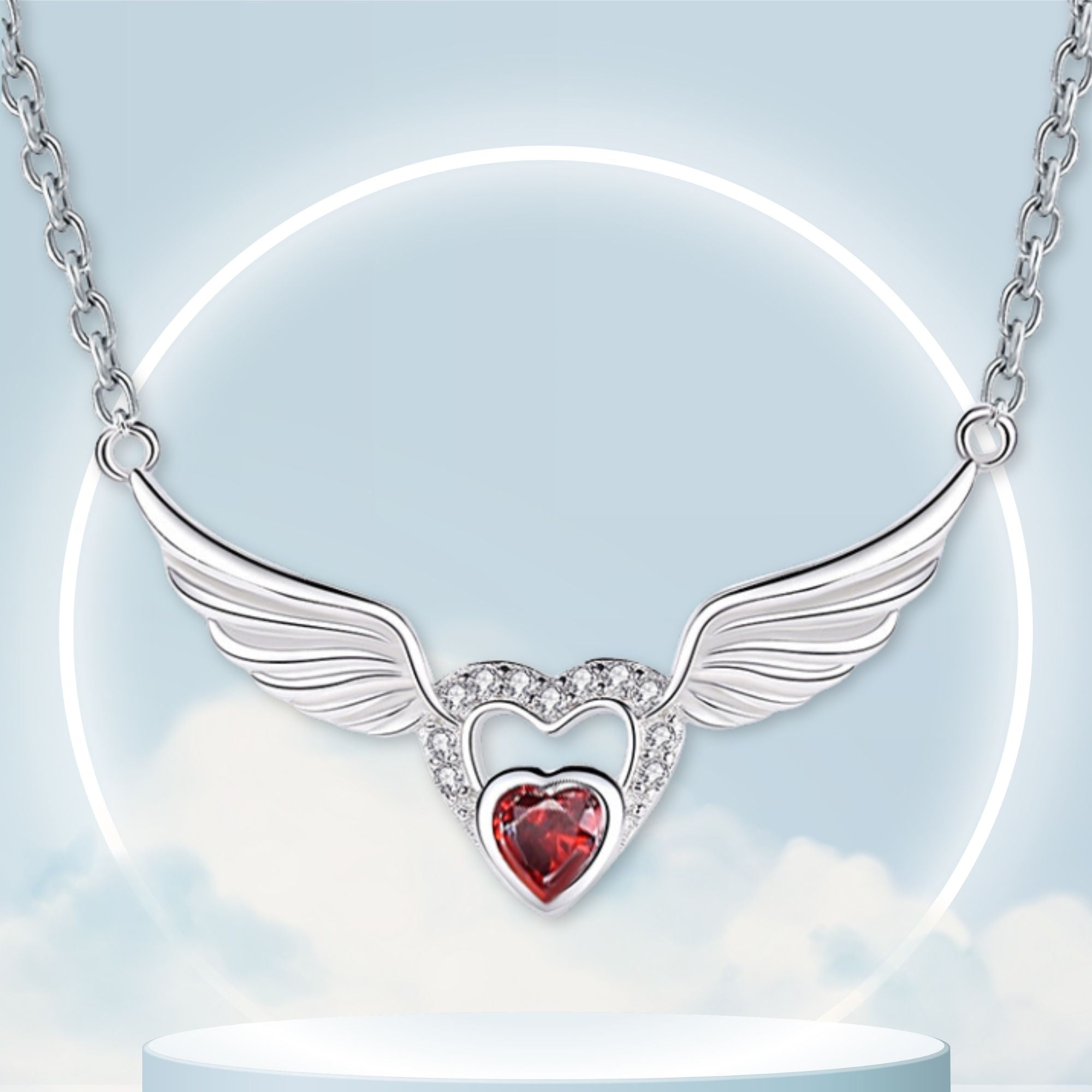 Angel Wings and Heart Sterling Silver Pendant - Clear, Blue or Red Color: White Jesus Passion Apparel
