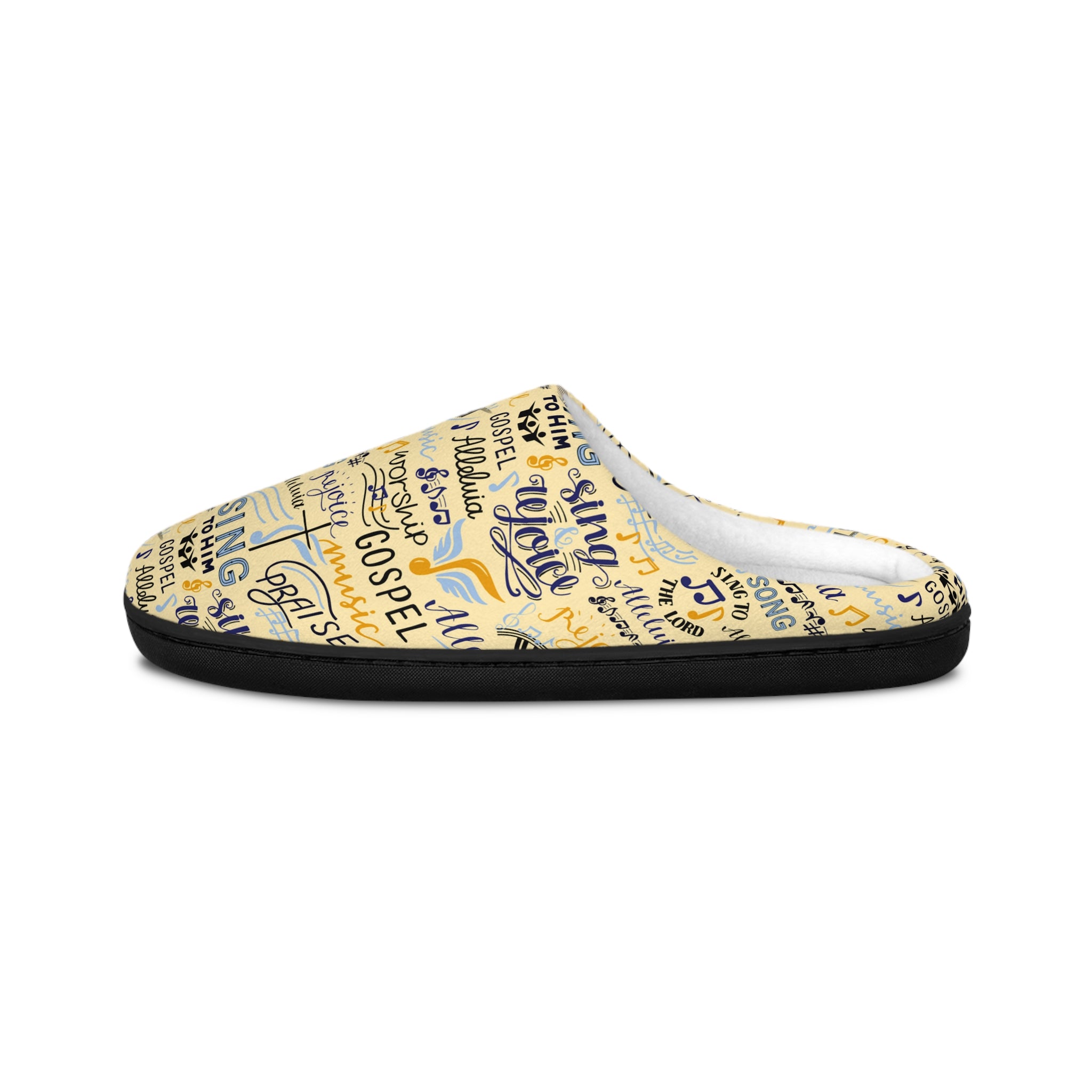 Sing To Him Alleluia Women's Yellow Indoor Slippers - Matching Pajama Set and Lounge / Pajama Pants Available Size: US 7 - 8 Color: Black sole Jesus Passion Apparel