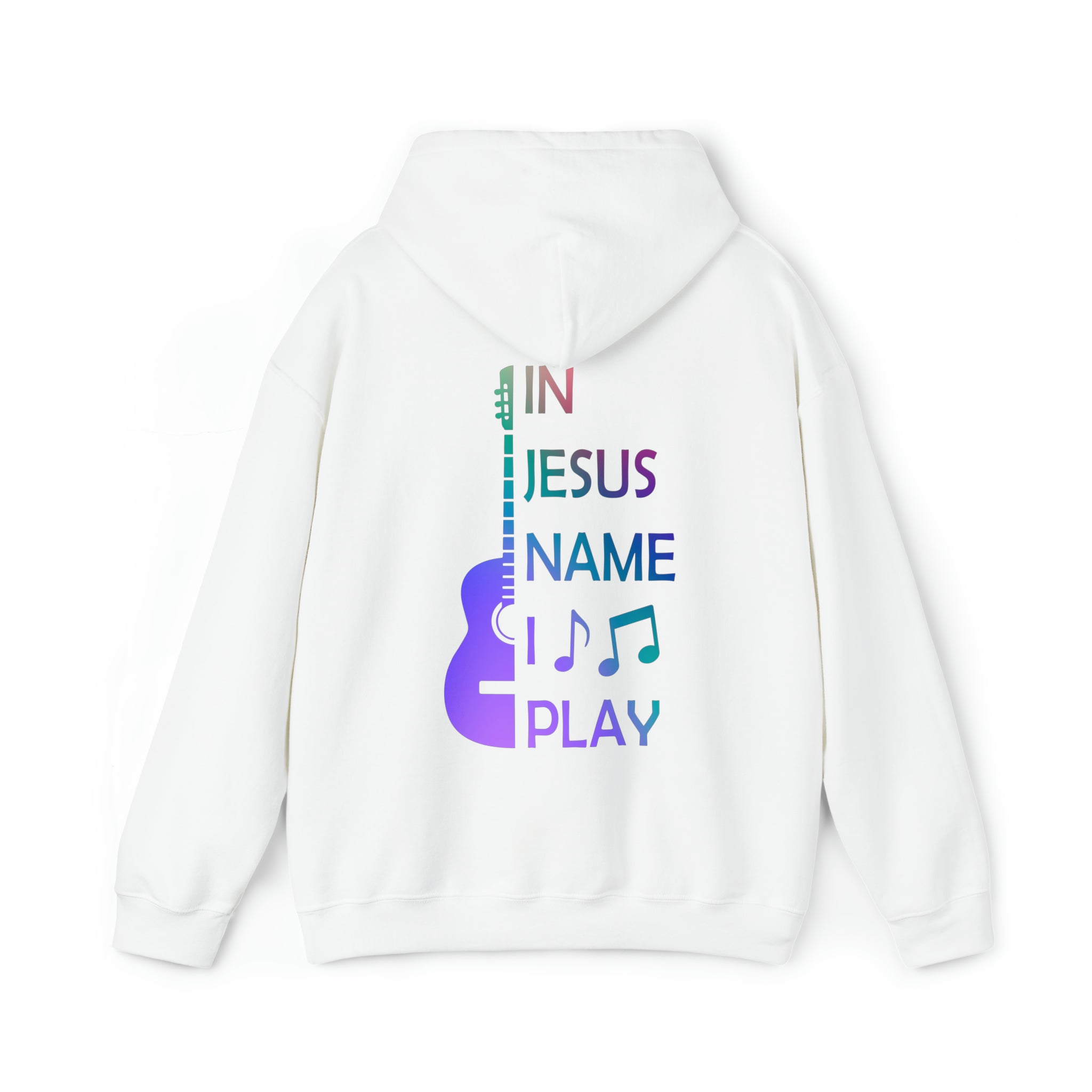 In Jesus Name I Play Acoustic Guitar Men's Heavy Blend™ Hoodie Color: White Size: S Jesus Passion Apparel