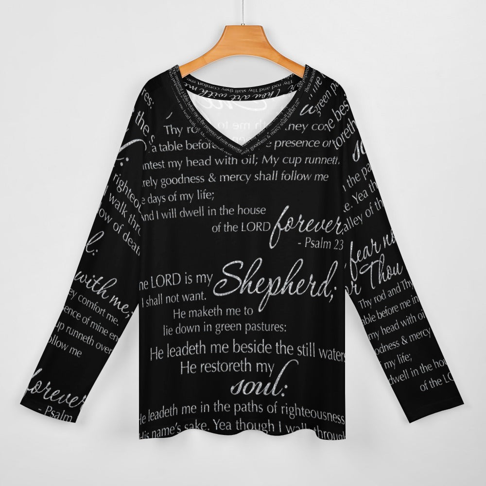 The Lord's Prayer Women's Long Sleeve Loose V-Neck Tee - Black Size: S Color: Black Jesus Passion Apparel