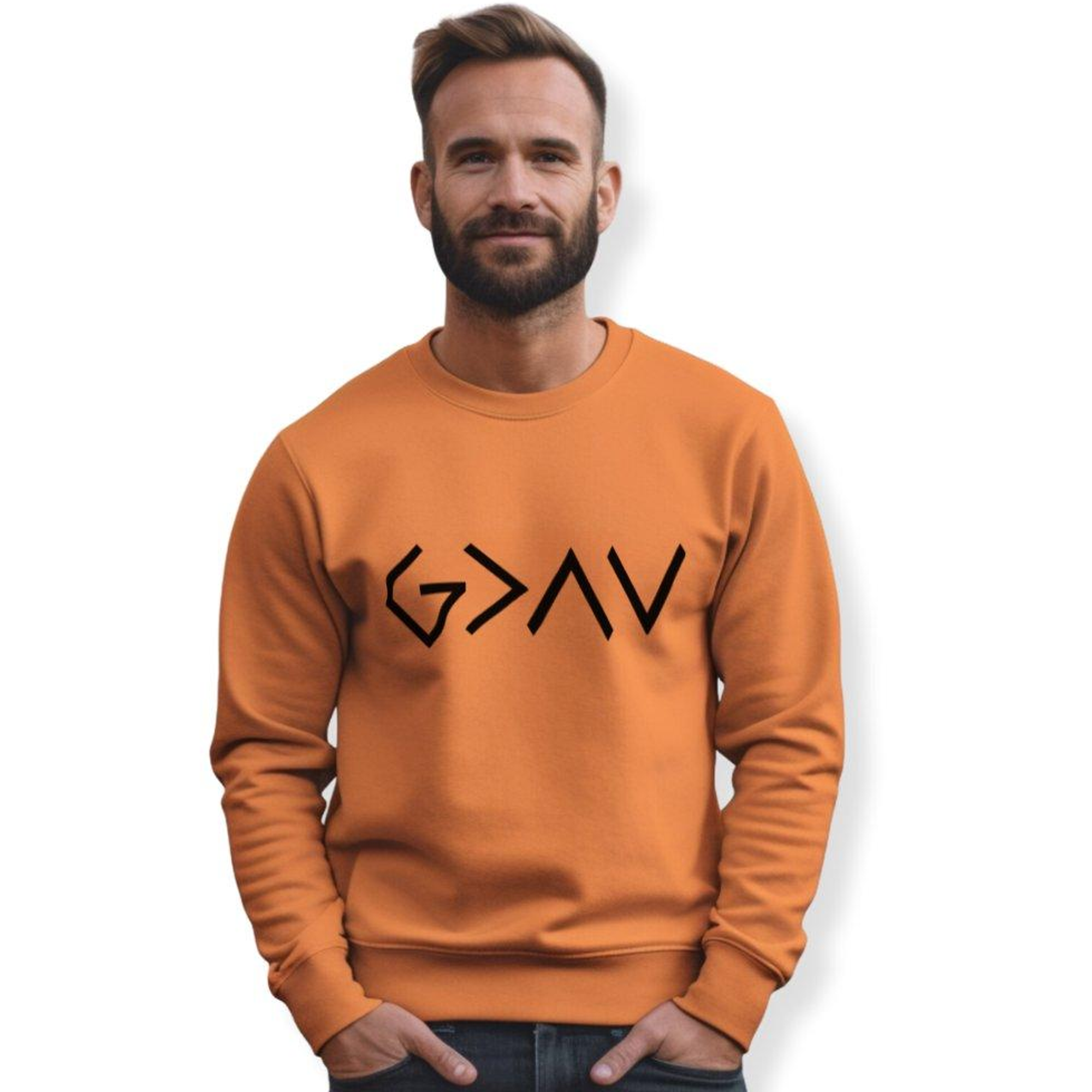 God is Greater Unisex Fleece Sweatshirt - Orange Size: S Color: Orange Jesus Passion Apparel