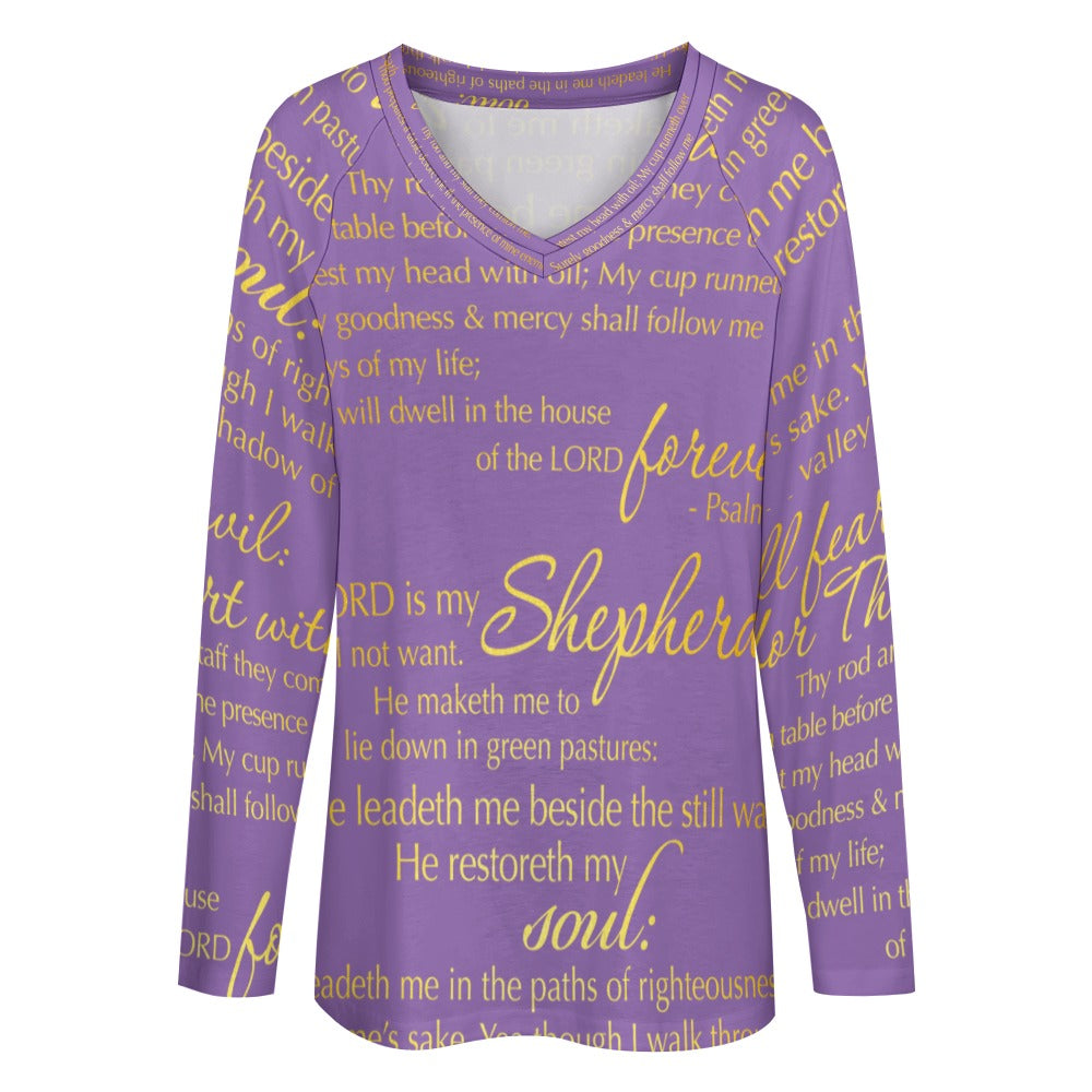 The Lord's Prayer Women's Long Sleeve Loose V-Neck Tee - Purple Size: S Color: MediumPurple Jesus Passion Apparel