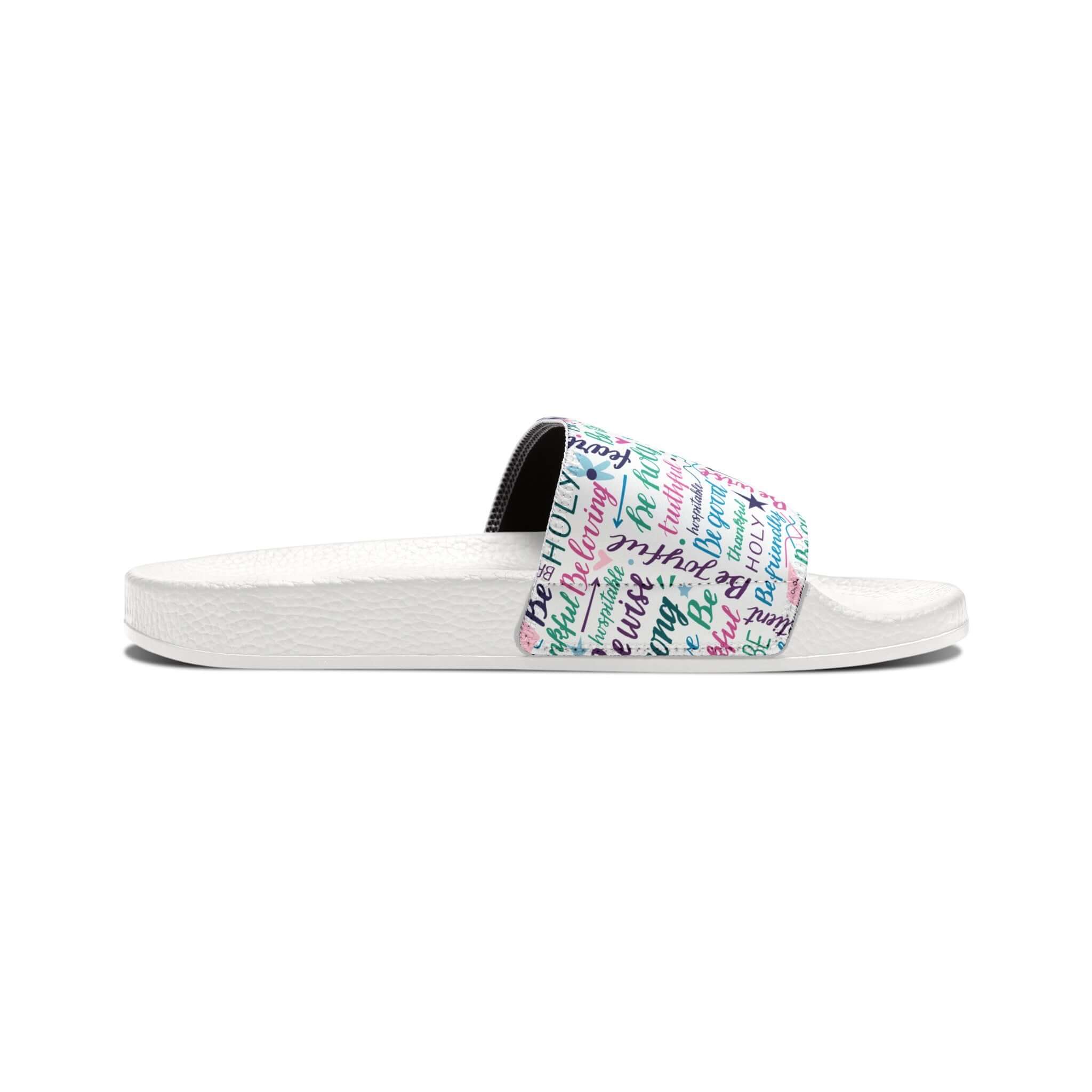 Be Strong Be Wise Affirmations Youth PU Slide Sandals Color: White Size: Kid's 13 Jesus Passion Apparel