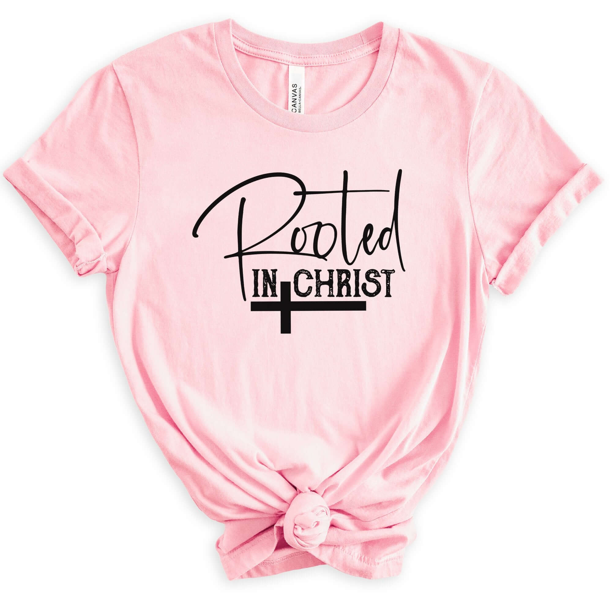 Rooted In Christ Women's Short Sleeve Tee Size: XS Color: Athletic Heather Jesus Passion Apparel